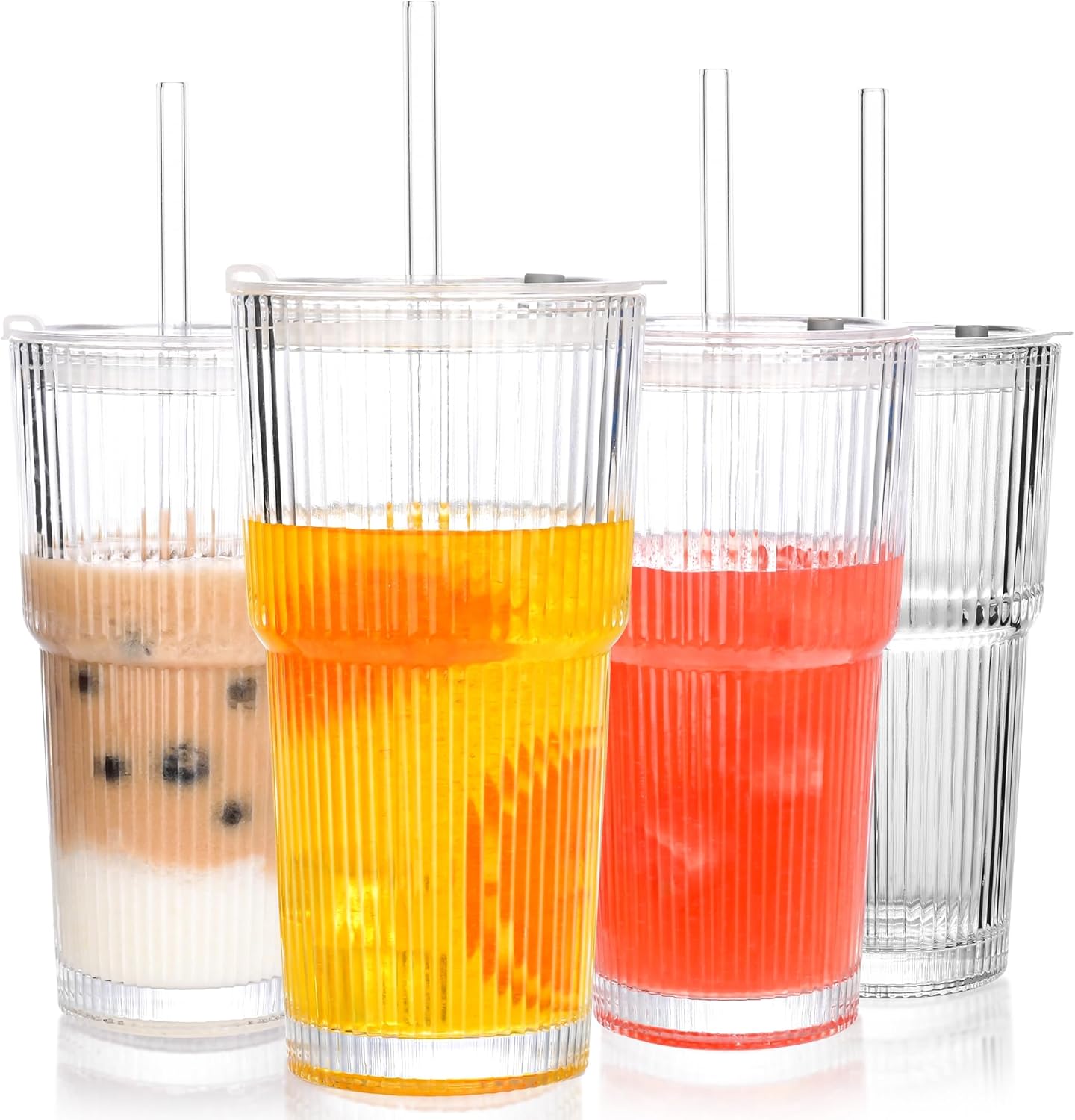 20 oz Ribbed Glass Tumblers With Lids and Straws,Clear Drinking Glasses Set of 4,Reusable Vintage Iced Coffee Cups,Leak Proof Thick Glass Cups for Juice,Cocktail,Smoothie,Beer,Boba