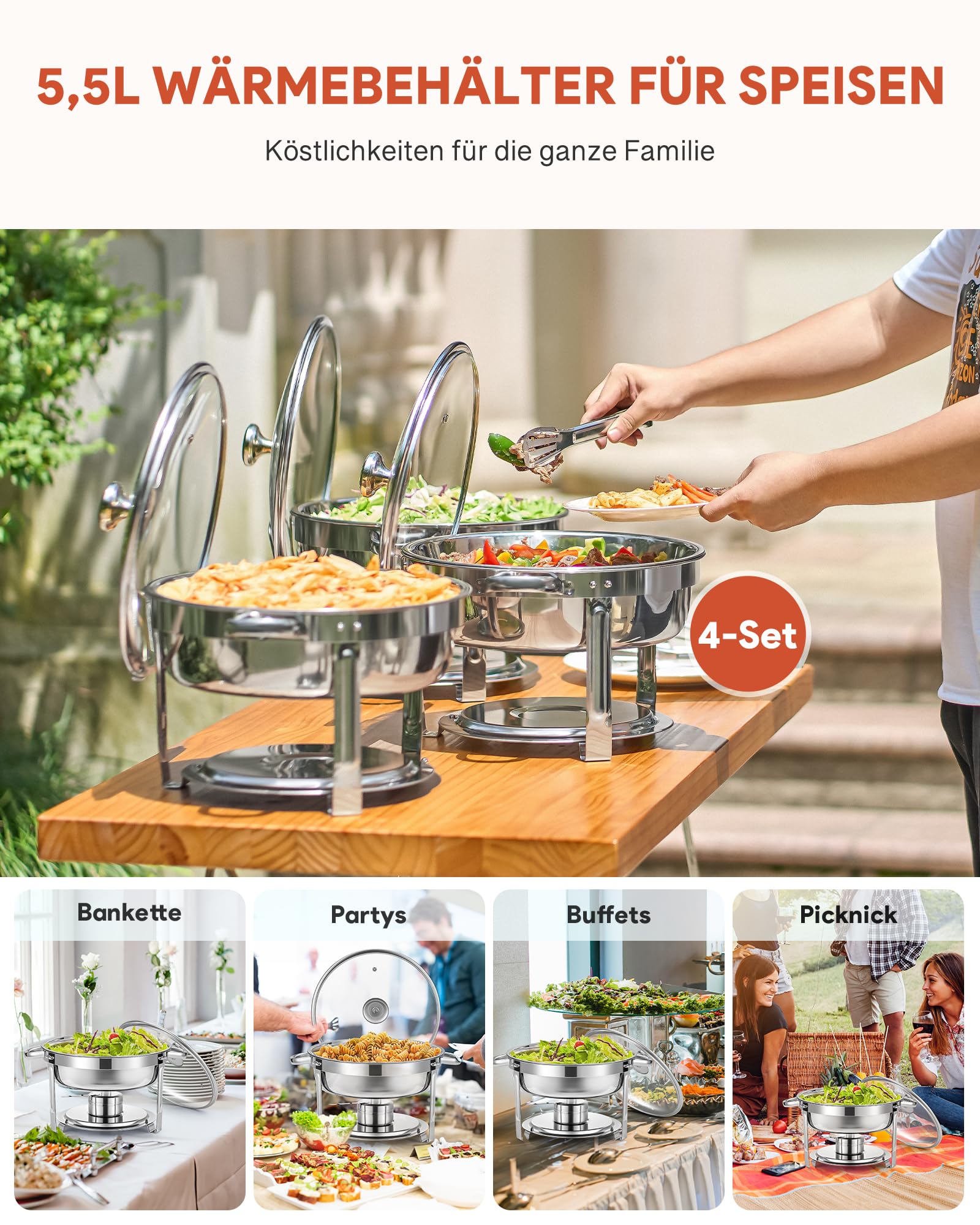 Wilprep 5,5L 4er-Set Rund Chafing Dish Set, Edelstahl-Speisenwärmer, Suppenwärmer & Bain Marie, Warmhaltebehälter für Restaurants, Buffets und Schulen