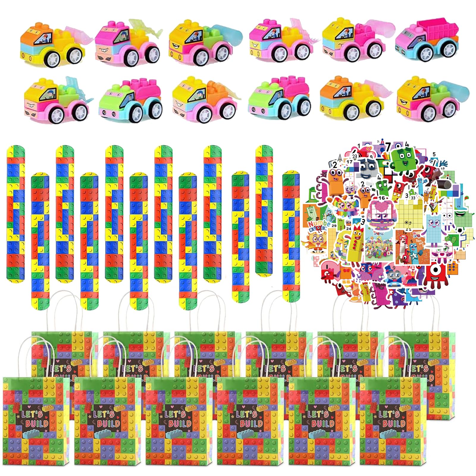 48 Pezzi Regalo Compleanno Blocchi Costruzione - Sacchetti, Braccialetti, Portachiavi E Tatuaggi Per Bambini 3-12 Anni