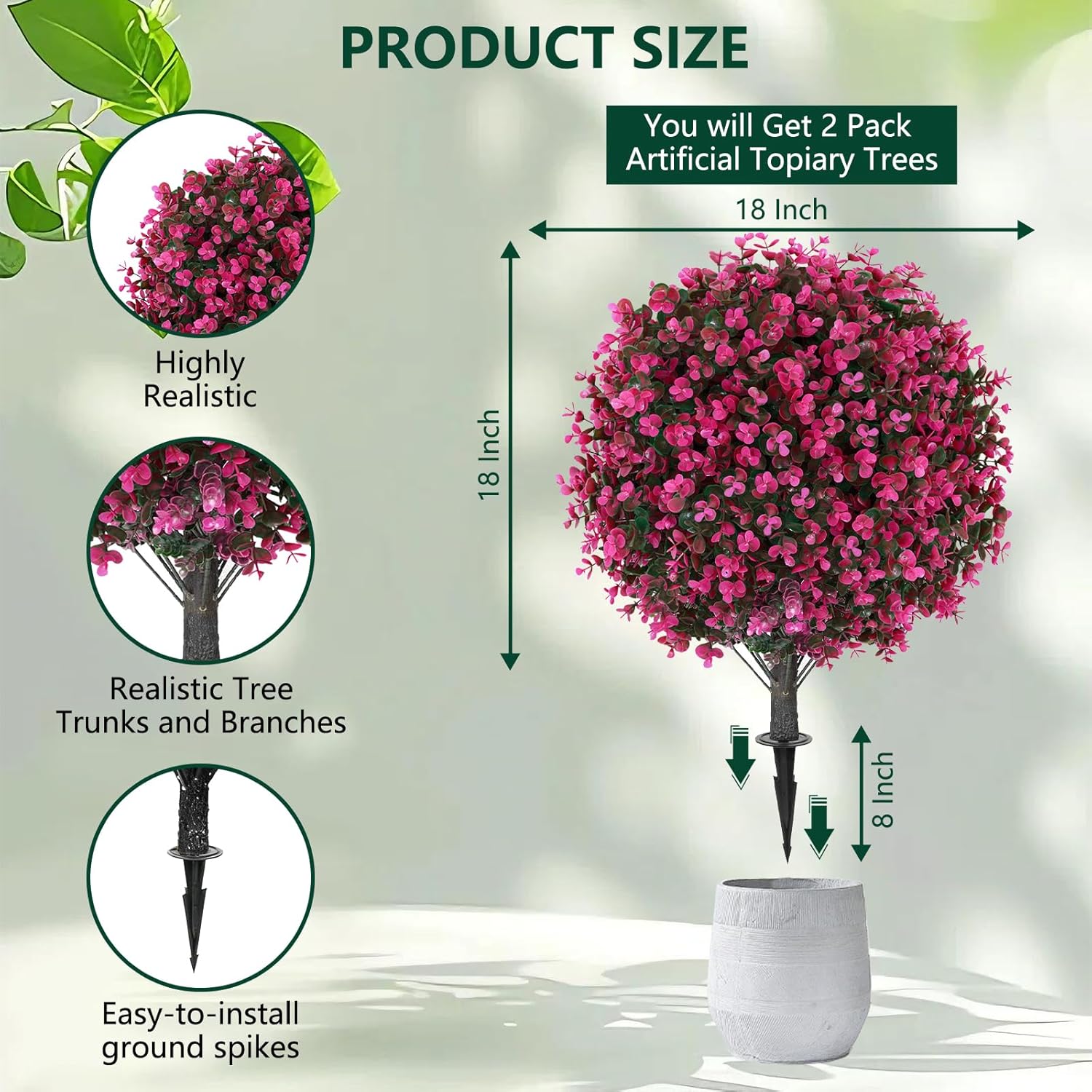 2 Pack 25" Artificial Red Eucalyptus Topiary Ball Tree for Outdoors Faux Evergreen Shrubs Plants with Ground Spike UV Resistant Fake Bushes Ball Trees for Outdoor Indoor Home Porch Patio Decoration