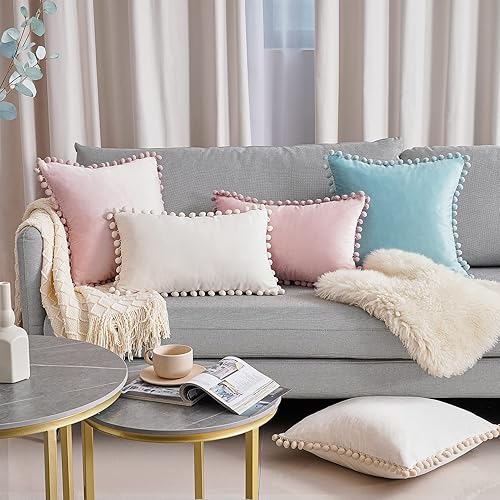 Miniatura 6 de Top Finel juego de 2 fundas de almohada decorativas con pompones, de terciopelo suave, lisas, para sofá, dormitorio o automóvil, 16 x 16 pulgadas,