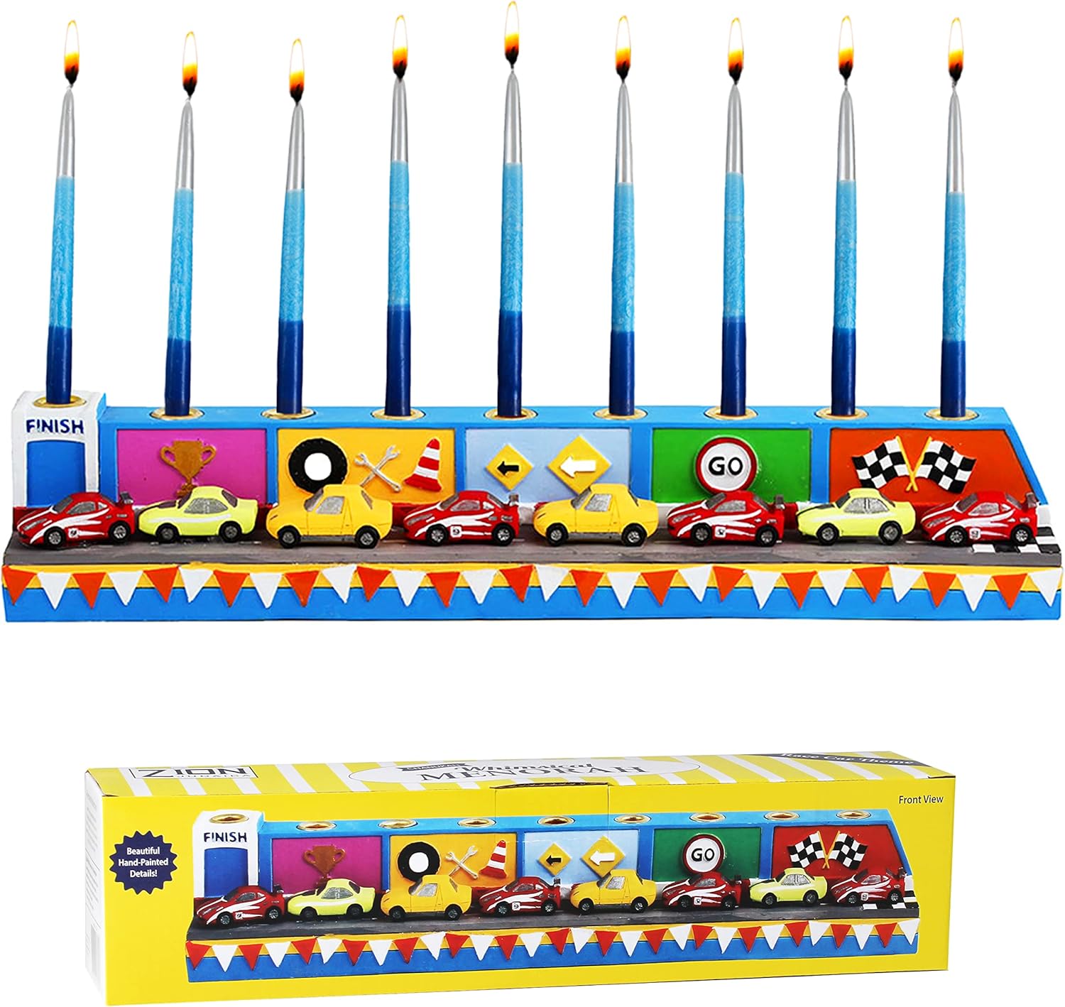 Zion Judaica Racing Cars Menorah Racetrack Menorah for Children 3D Lively Painted Polyresin Sculptured Kids Candle Candle Holder for Hanukkah - Fits Standard Chanukah Candles