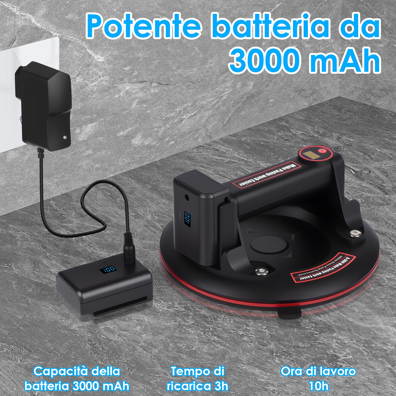 Ventosa per Piastrelle con 3000mAh Batteria, 8" Ventose Capacità Elettrico di Carico Max. 200 kg, Ricaricabile, Ventosa con Scatola di Trasporto per Vetro, Piastrelle, Marmo