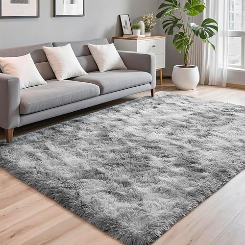 Miniatura 4 de Terrug Alfombra esponjosa para dormitorio, teñido anudado gris claro, alfombra de 3 x 5 pies para sala de estar, habitación de los niños, alfombra