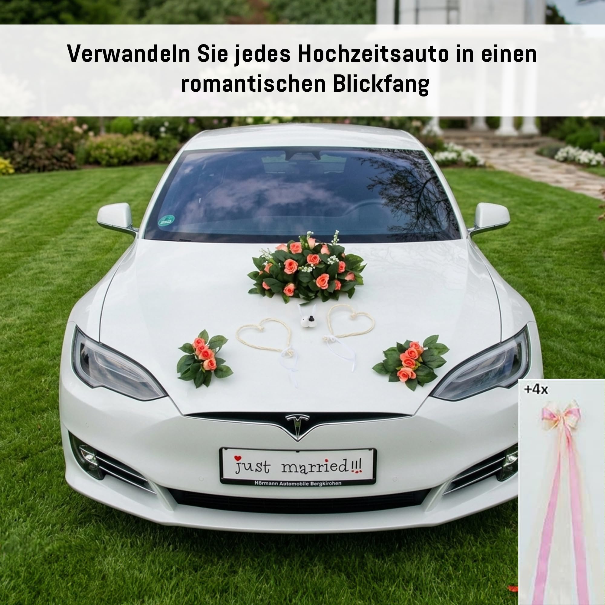 Véritable bouquet de roses - Décoration de voiture - Couple de roses - Colombes - Cœurs et colombes