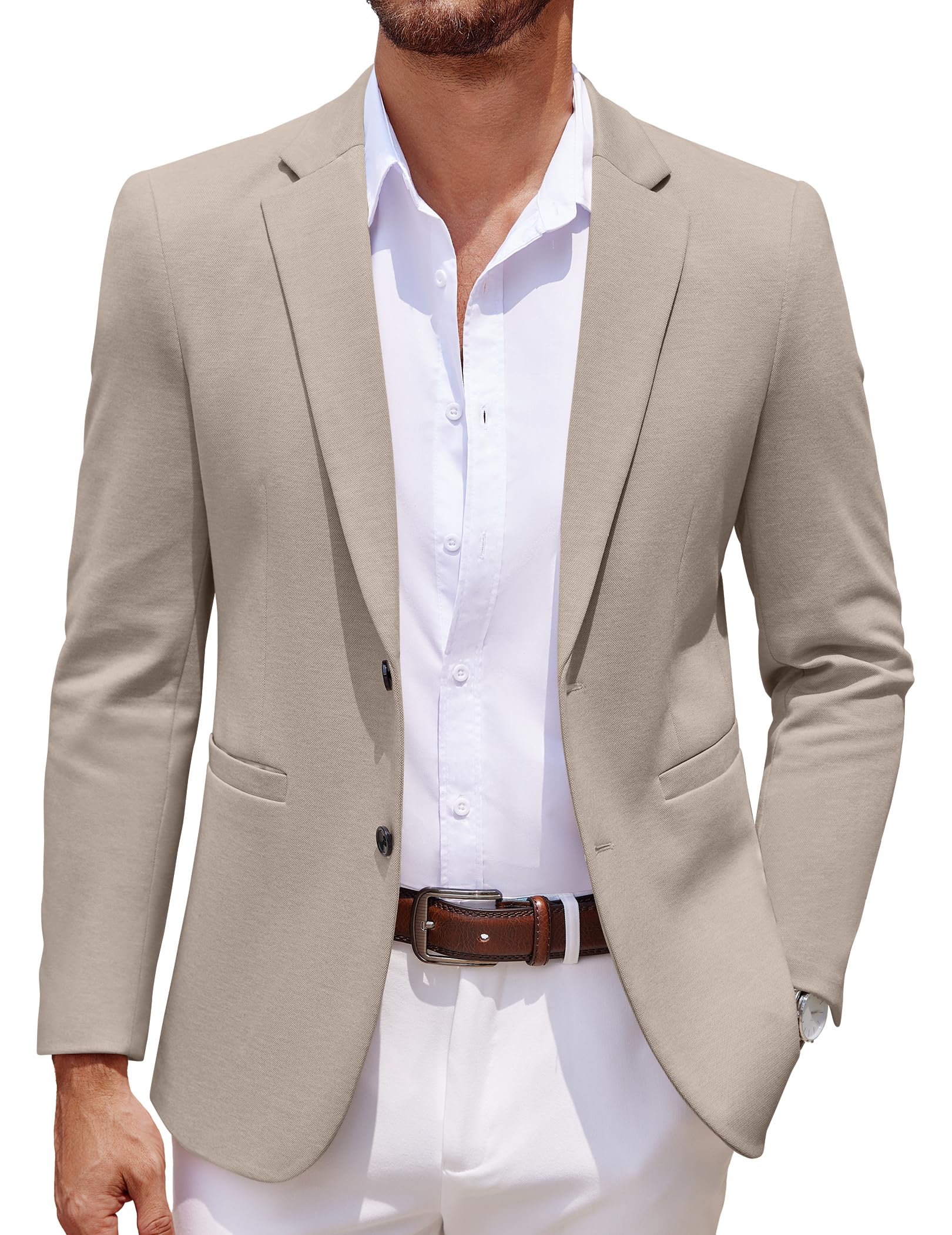 COOFANDY Mens Sport Coats Casual Knit Blazer Two Button Suit Jacket | Modern Slim-fit Silhouette with Structured Shoulders,Stretch Comfort & Versatile Style for Weddings,Business or Daily Wear Large Khaki Grey