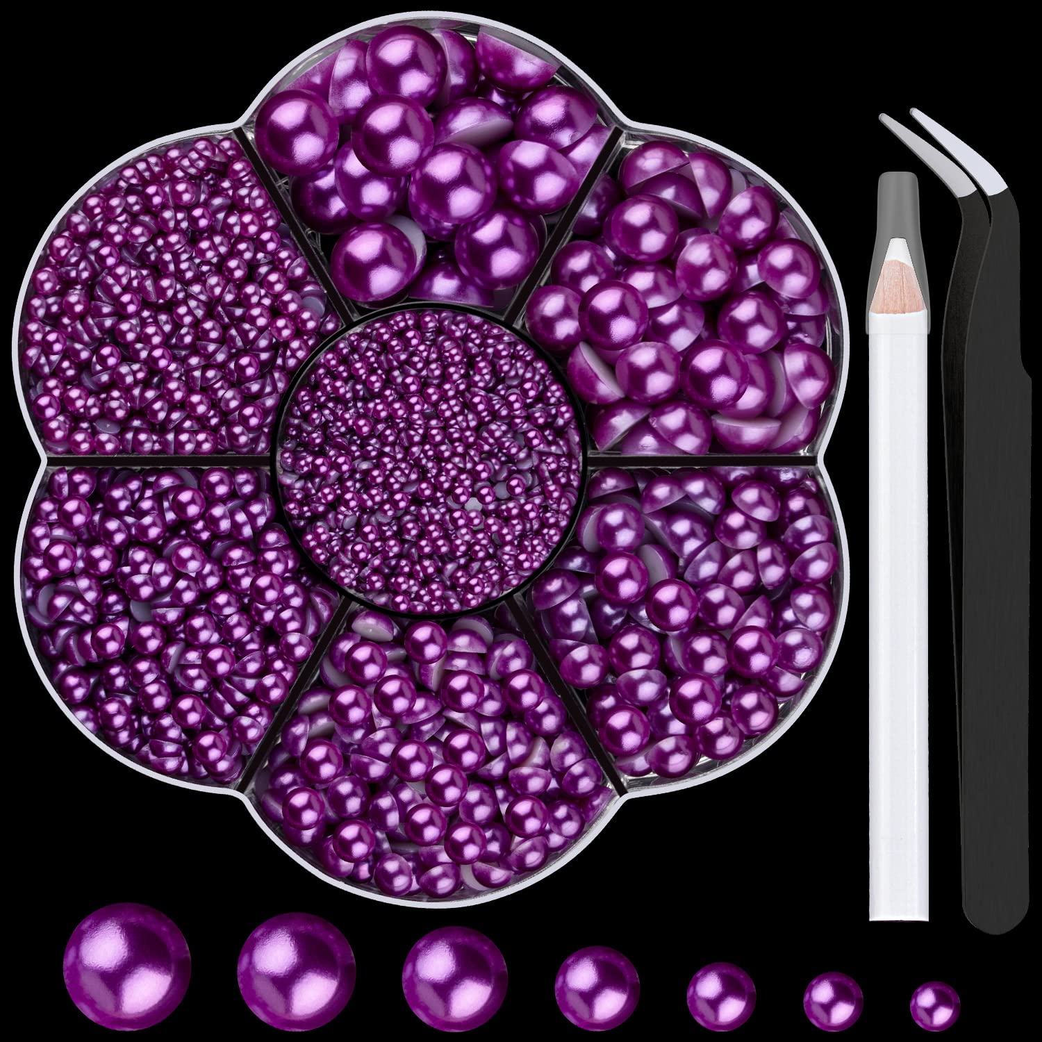 Nail Art Flat Back Half Round Pearl Kits 29, 1 Box of 6000 Pcs Flat-Back Dark Purple with Tweezer and Picker Pencil for Home DIY Nails Body Face Craft
