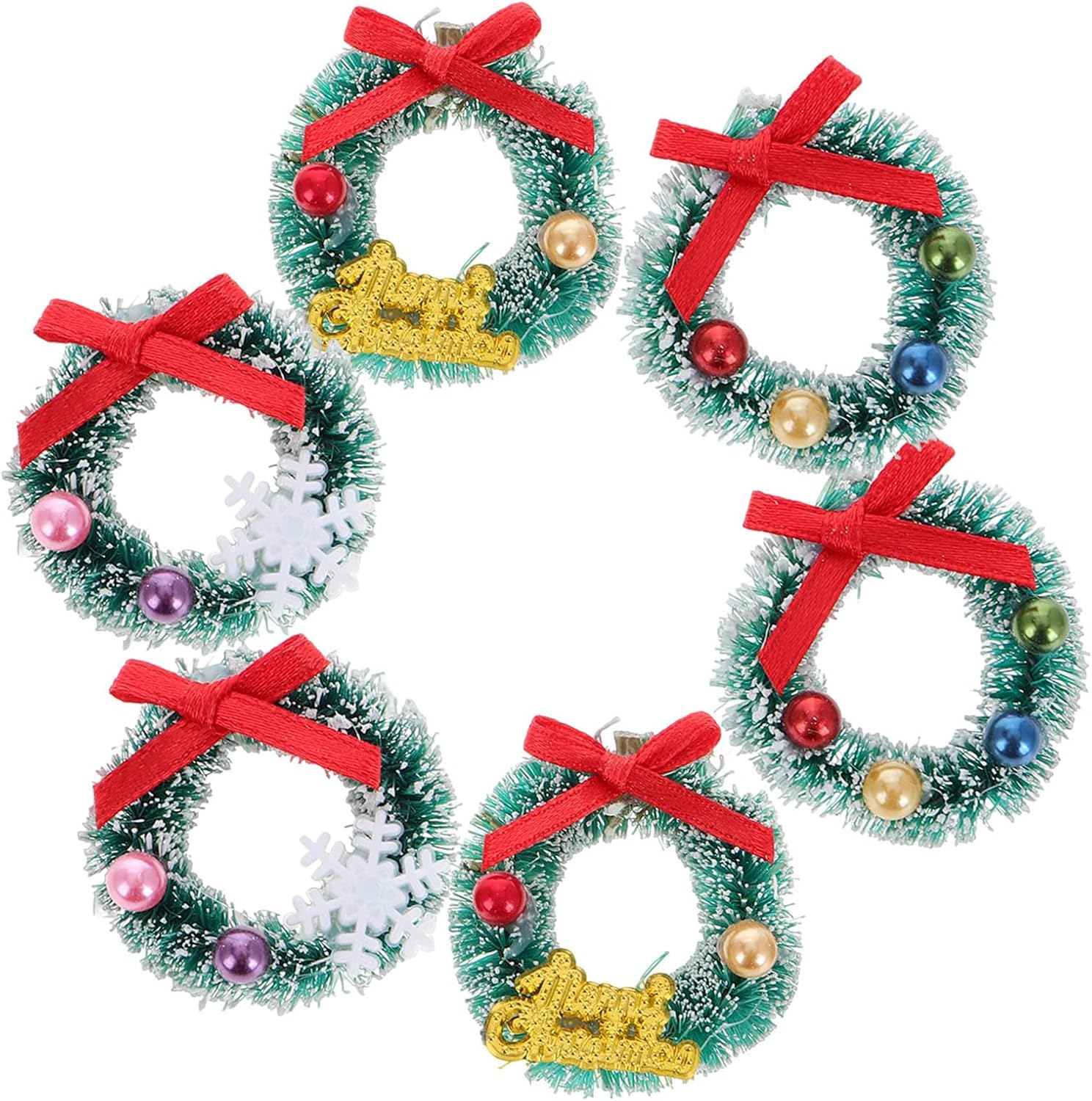 DOITOOL 6pcs Mini Christmas Wreaths with Bows Colorful Miniature Christmas Wreath Artificial Dollhouse Decoration Xmas Tree Hanging Ornaments for Xmas Crafts and Decorations