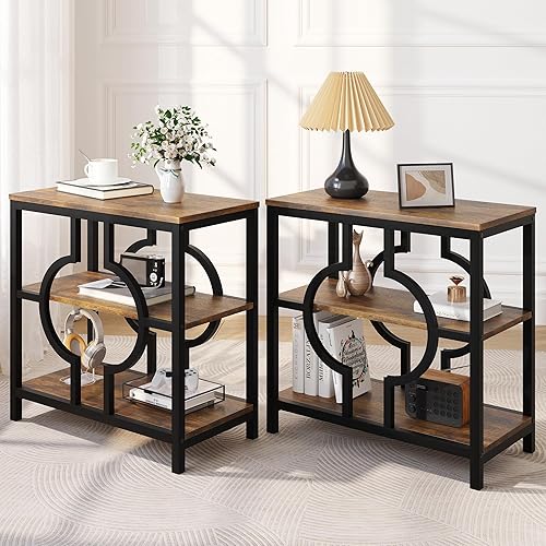 Miniatura 4 de Juego de 2 mesas auxiliares, mesa auxiliar estrecha con estantes de almacenamiento de 3 niveles, mesa auxiliar de sofá de madera con marco de metal