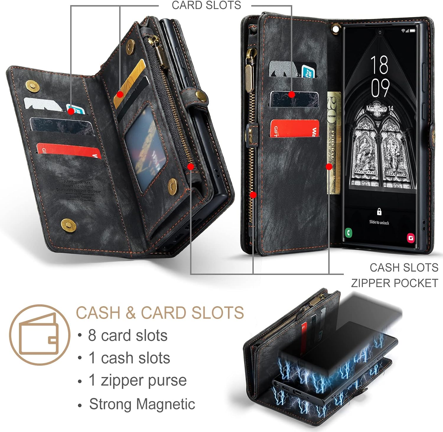 Asuwish Phone Case for Samsung Galaxy S23 Ultra 5G Zipper Wallet Detachable Cover with Screen Protector and Leather Flip Cash Card Holder Cell Accessories S23ultra 23S S 23 S23ultra5g Women Men Black