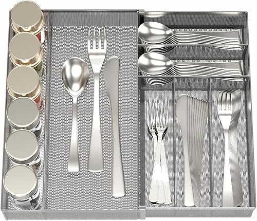 Organizador de cajones de utensilios  Bandeja expandible para cubiertos, divisor de almacenamiento de cubiertos para cocina, diseño de malla con
