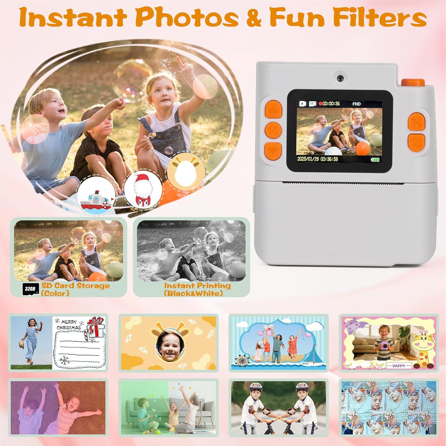Kids Camera Instant Print, 1080P HD Dual-Lens Selfie Digital Camera with 5 Printing Paper Rolls & 32G TF Card, for Children, Portable Toddler Toy for Age 3-12 Boys & Girls (White)