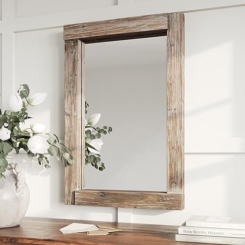 Barnyard Designs 24x36 Dark Wood Farmhouse Wall Mirror, Wooden Large Rustic Wall Mirror, Bedroom Mirrors for Wall Decor, Decorative Wood Wall Mirror Living Room or Bathroom Vanity, Brown
