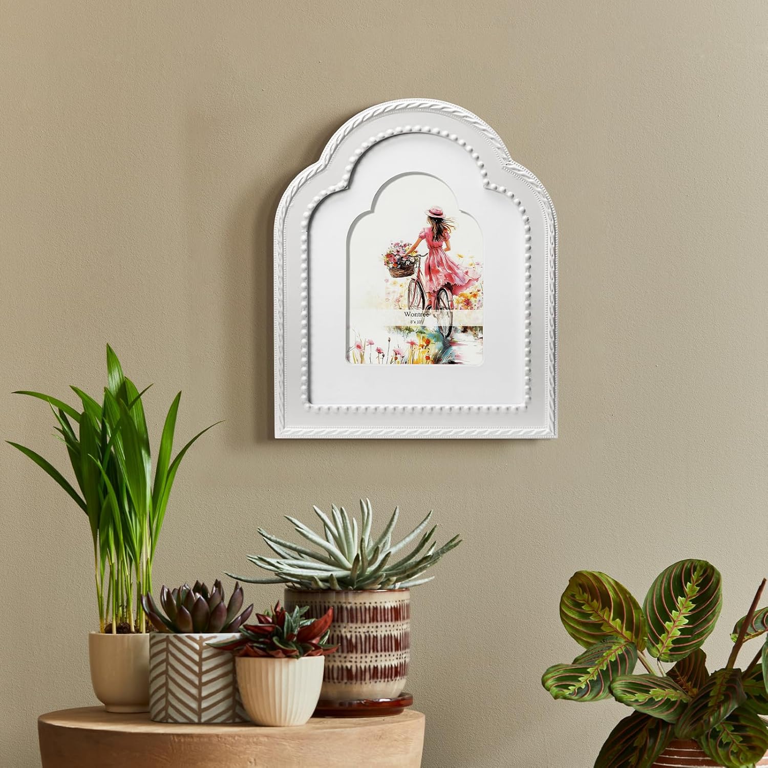 8x10 Light Gray Arch Picture Frame with Rope Beaded Trim, Solid Wood with Real Glass, Matted to 5x7, Vertical for Tabletop or Wall Hanging Display Photo Frame