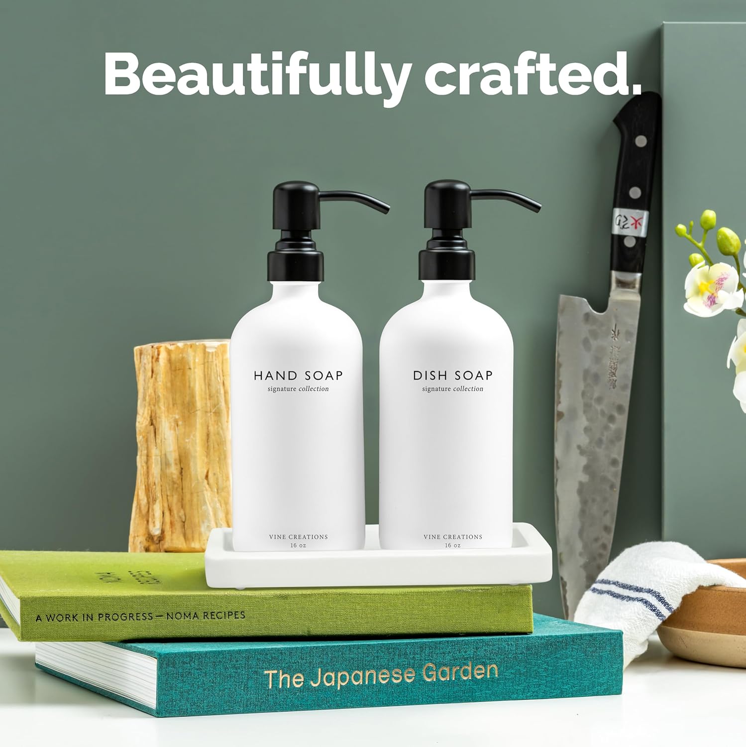 Vine Creations Glass Soap Dispenser Set, Kitchen Soap Dispenser Set with Ceramic Tray, 16 oz Dish Soap and Hand Soap Dispenser Set with Stainless Steel Pump Decor (White Bottle/Matte Black) - Image 2