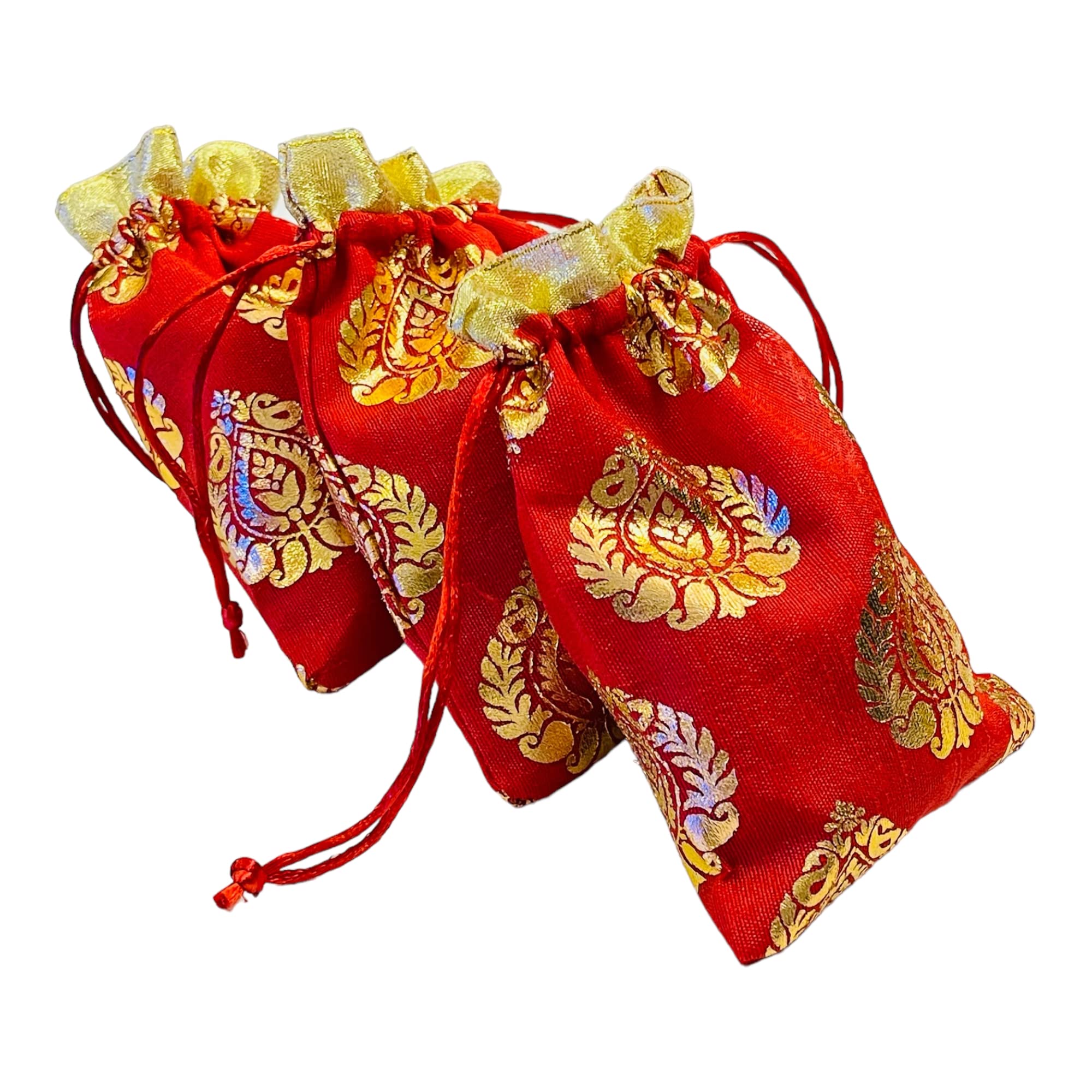KRIWIN Pack of 50 pcs Women's Silk Drawstring Closure Small Size Gift Potli Bags Pouches(17.78 X 12.5 cm; Red & Golden)