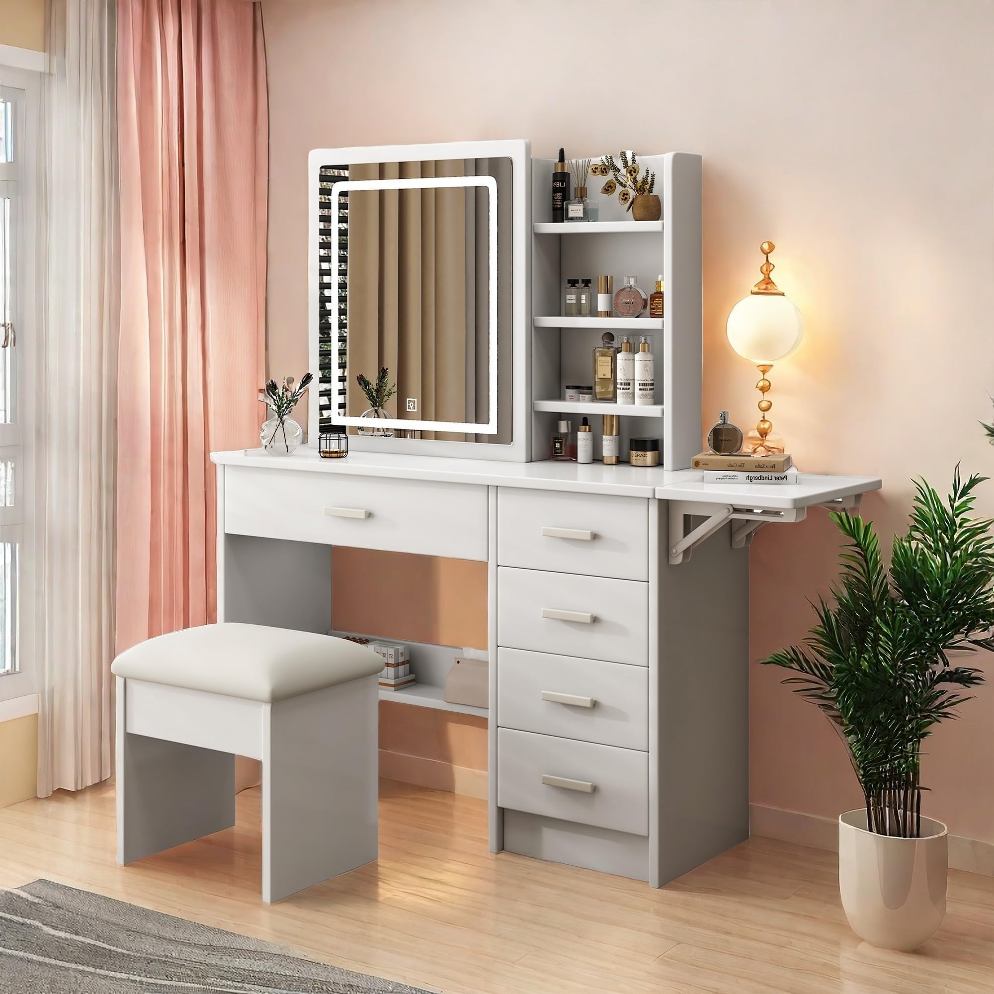 Vanity Desk Set With Large LED Lighted Mirror & Power Outlet, Glass Top Vanity With 11 Drawers And Magnifying Glass, 46'' Large Makeup Vanity With Storage Bench, White Vanity For Bedroom