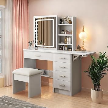 Runboll Stylish Vanity Desk with Mirror and Lights, White Dressing Table Set with Chair, 5 Drawers & Open Shelves, Adjustable 3-Color LED Lighting, Perfect for Bedroom Makeup