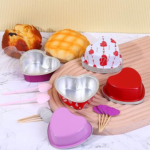 Miniatura 5 de Fovths Sartén para tartas de aluminio para el día de San Valentín con tapas sartenes desechables en forma de corazón con cucharas de corazón y