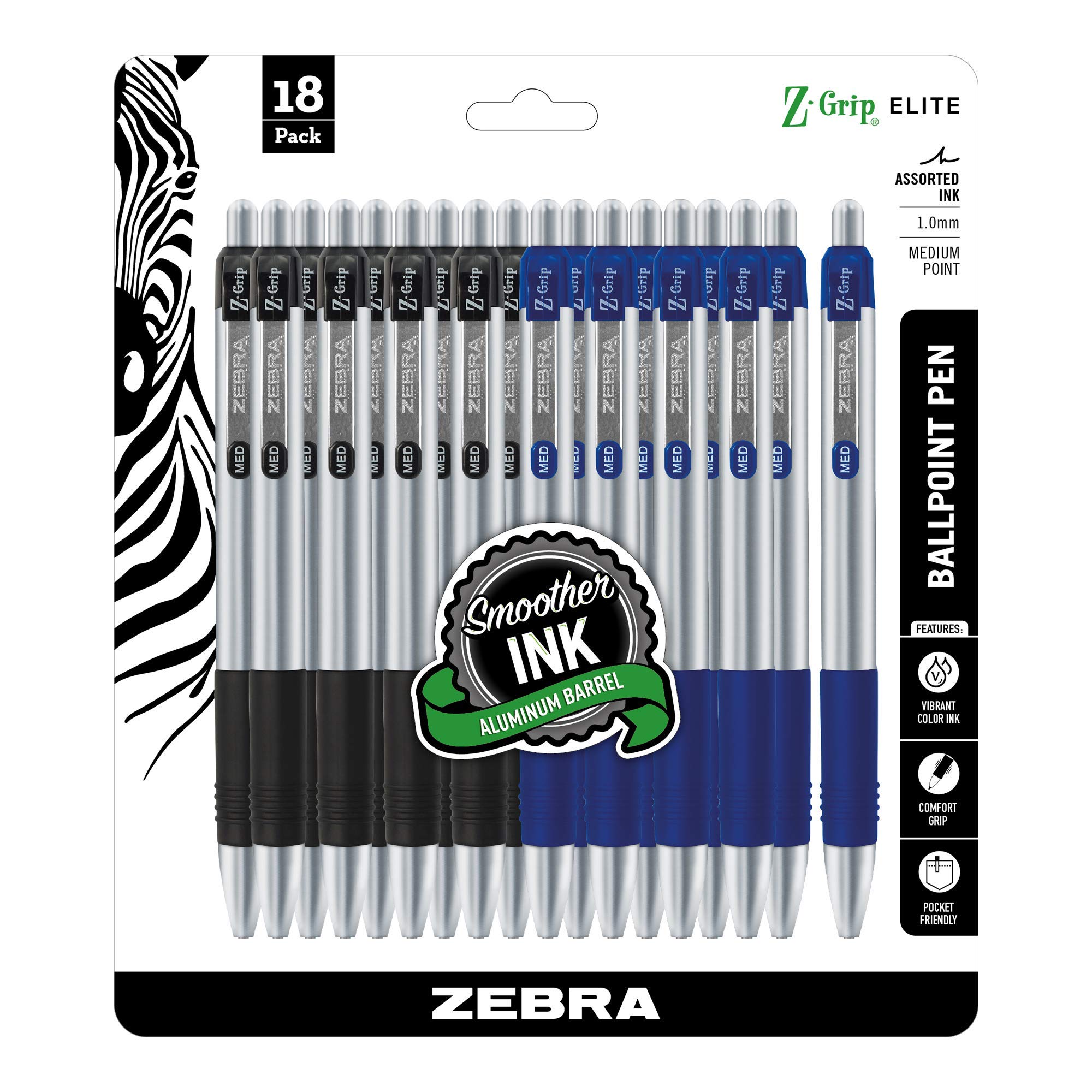 Zebra PenZ-Grip Elite Retractable Ballpoint Pen, Metal Barrel, Medium Point, 1.0mm, Black/Blue Ink, 18-Pack, 27678 - (Case of 48 packs, 864 Count Total)