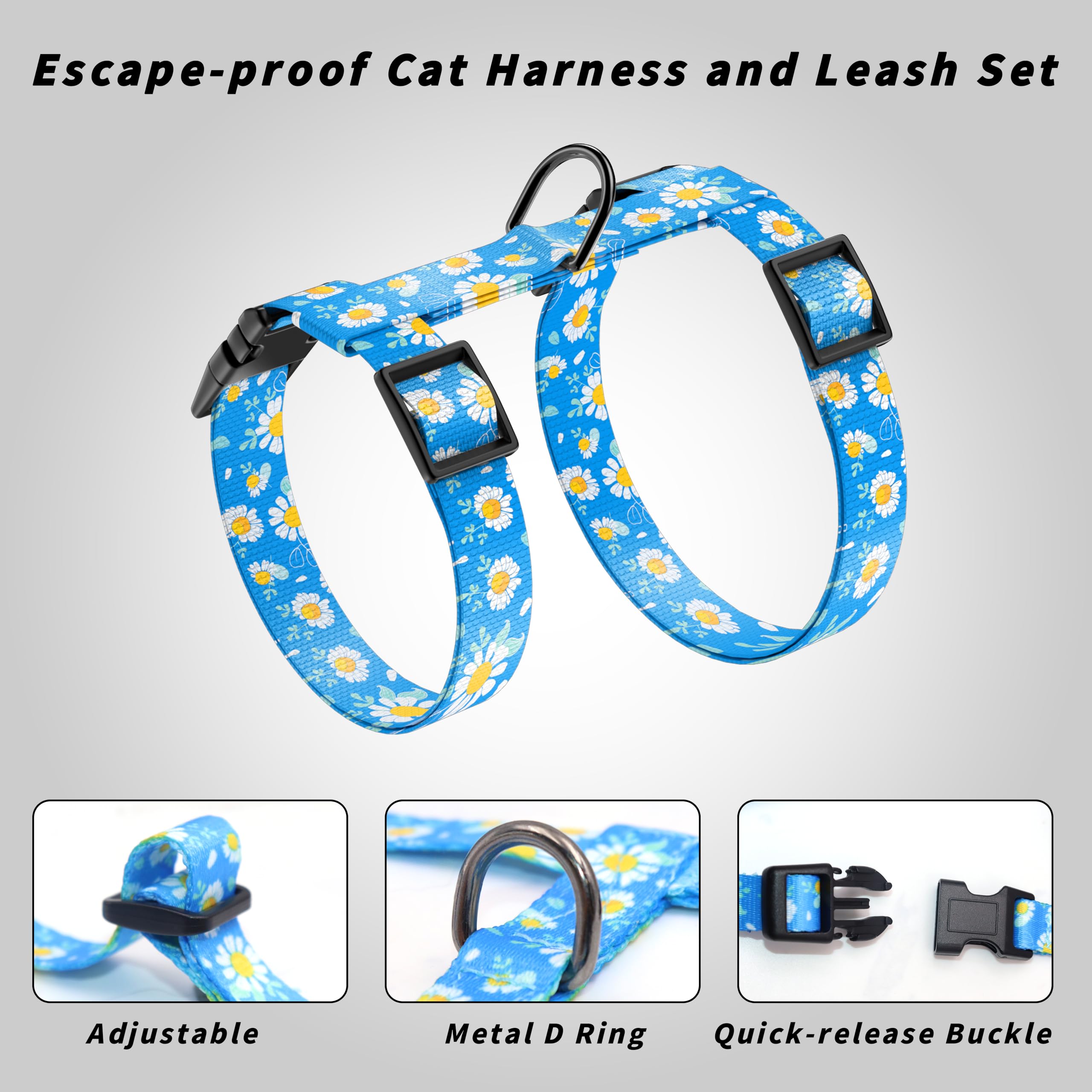 Seyezo Ensemble Harnais et Laisse pour Chat, Harnais réglable Anti-Fugue pour Chats, Harnais Doux et léger pour la Promenade et Les Voyages pour Chats de Petite et Moyenne Taille, Marguerite Bleue