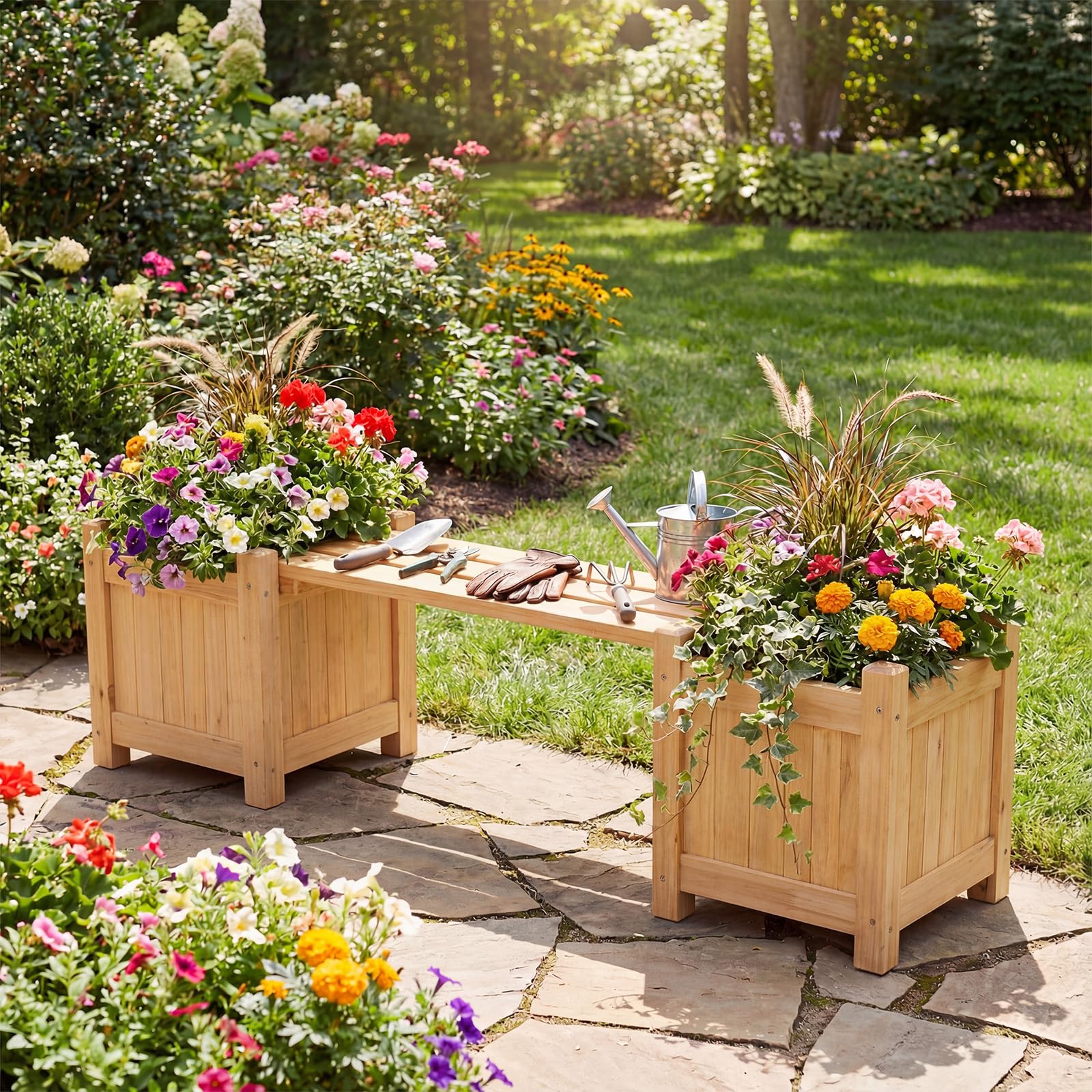 COSTWAY Fioriere da Esterno con Panchina, Letto Rialzato da Giardino in Legno Massello con e Base Aperta, Fioriere Elevate per Patio, Cortile e Veranda (Naturale, 105 x 26,5 x 29,5 cm)