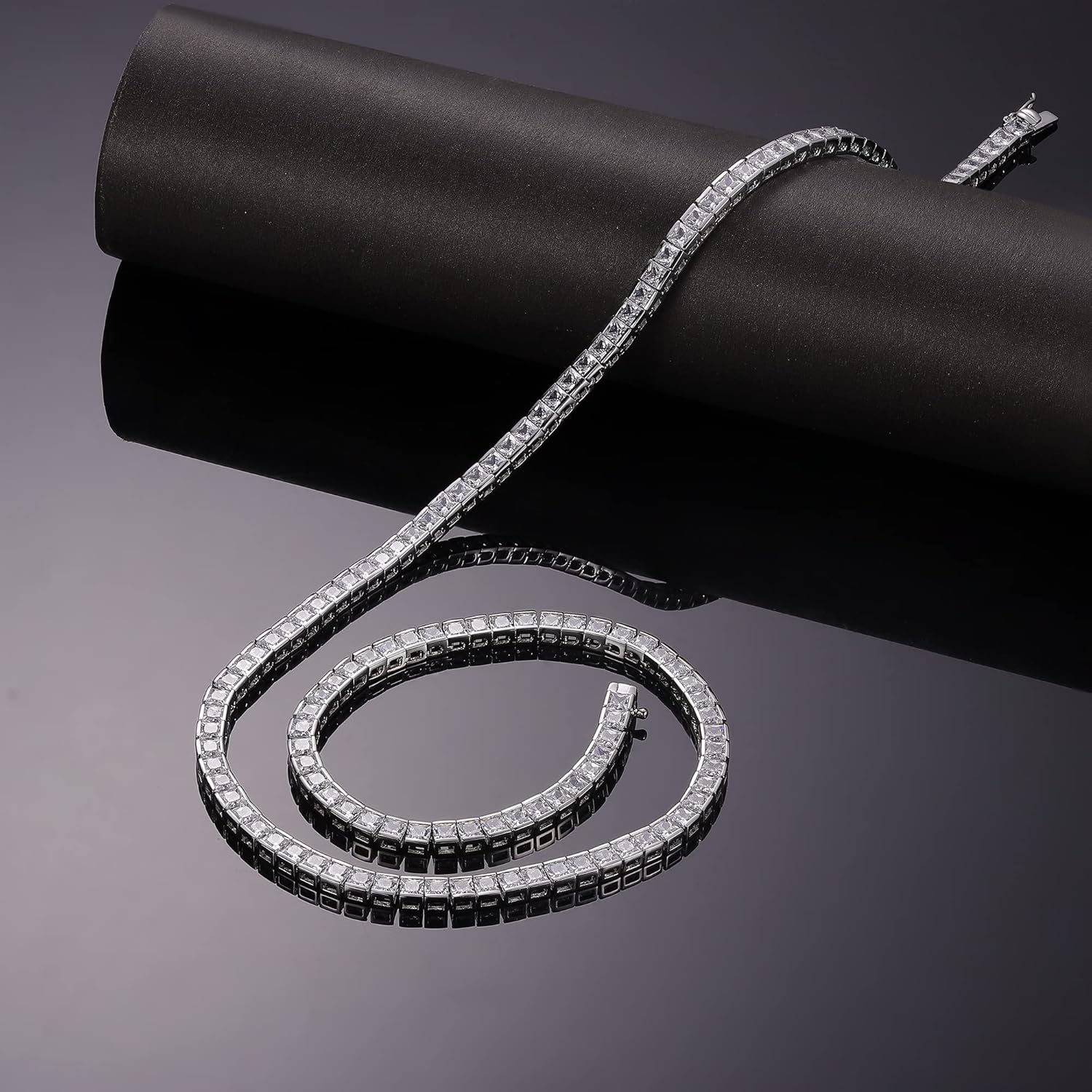 MDFUN Tennis Necklace 18K White Gold/Yellow Gold Plated | 3.0mm Square Cubic Zirconia Cut Bezel Setting Faux Diamond Tennis Chain Choker for Women and Men 16-24 inches - Image 4