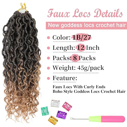 Miniatura 2 de Goddess Faux Locs - Cabello de ganchillo de 12 pulgadas, 8 paquetes de cabello de ganchillo preanudado para mujeres negras, cabello bohemio de