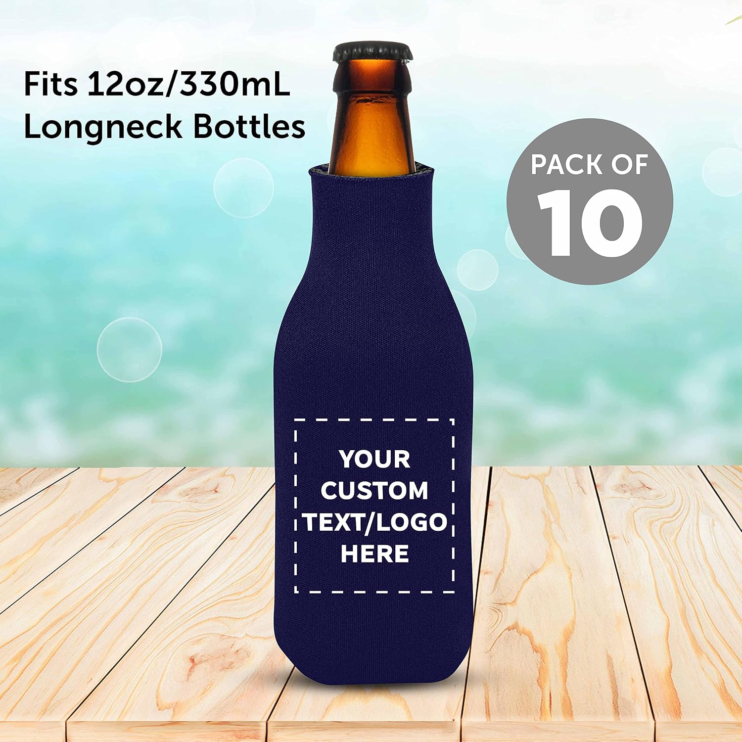 Custom Zipper Beer Bottle Insulators Set of 10, Personalized Bulk Pack - Keeps Your Drink Cooler, Great for Beer, Soda, Other Beverages - Navy Blue