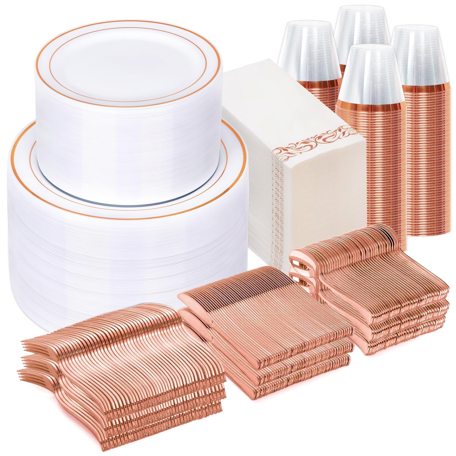 Sylans 700 Piece Dinnerware Set for Wedding & Party,100 Guest RimPlastic Plates,100 Plastic Silverware,100 Cups,100 Linen Like Napkins (Rose Glod) ypj