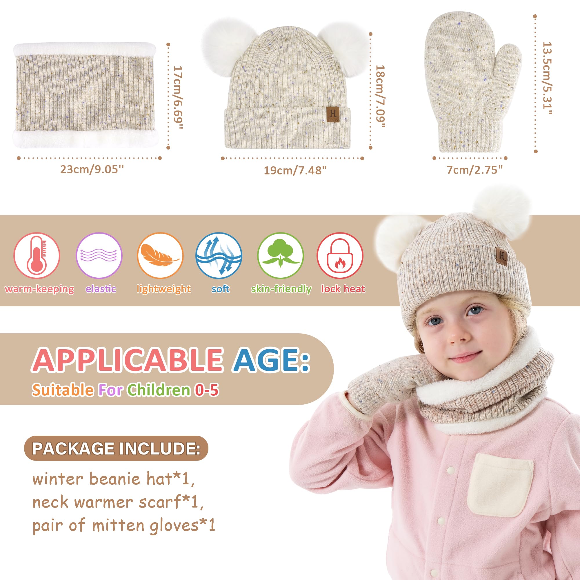 Enfants Bébés Hiver Bonnet Gants Tactiles Écharpe Ensemble Bonnet Pompon Moufles Cache-Cou avec Doublure Polaire pour 0-8 Ans Fille Garçon