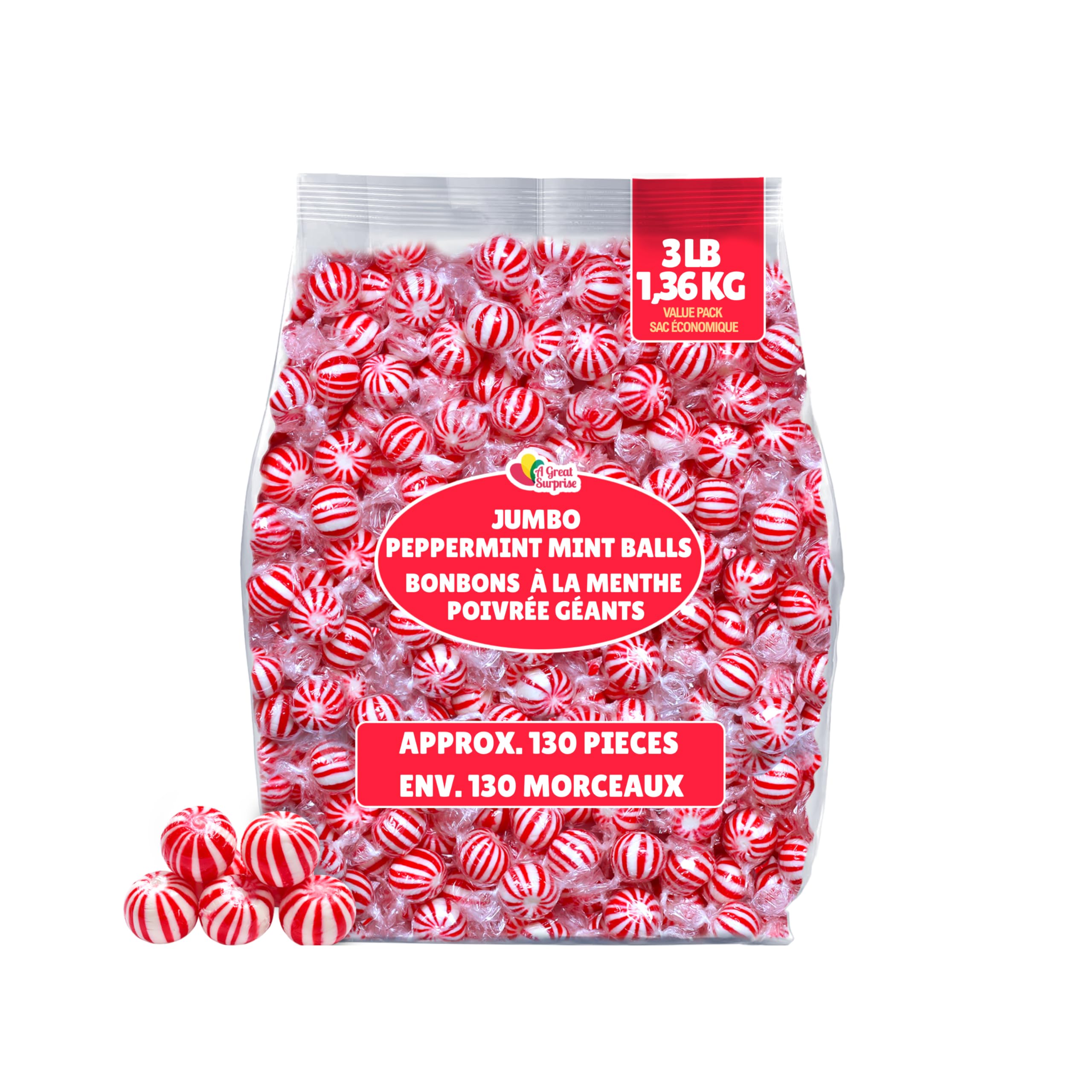Peppermint Candy Balls Bulk – 3 lb – Individually Wrapped Red & White Hard Mints – Classic Round Peppermints for Valentine’s Day, Candy Buffets, Party Favors & Events