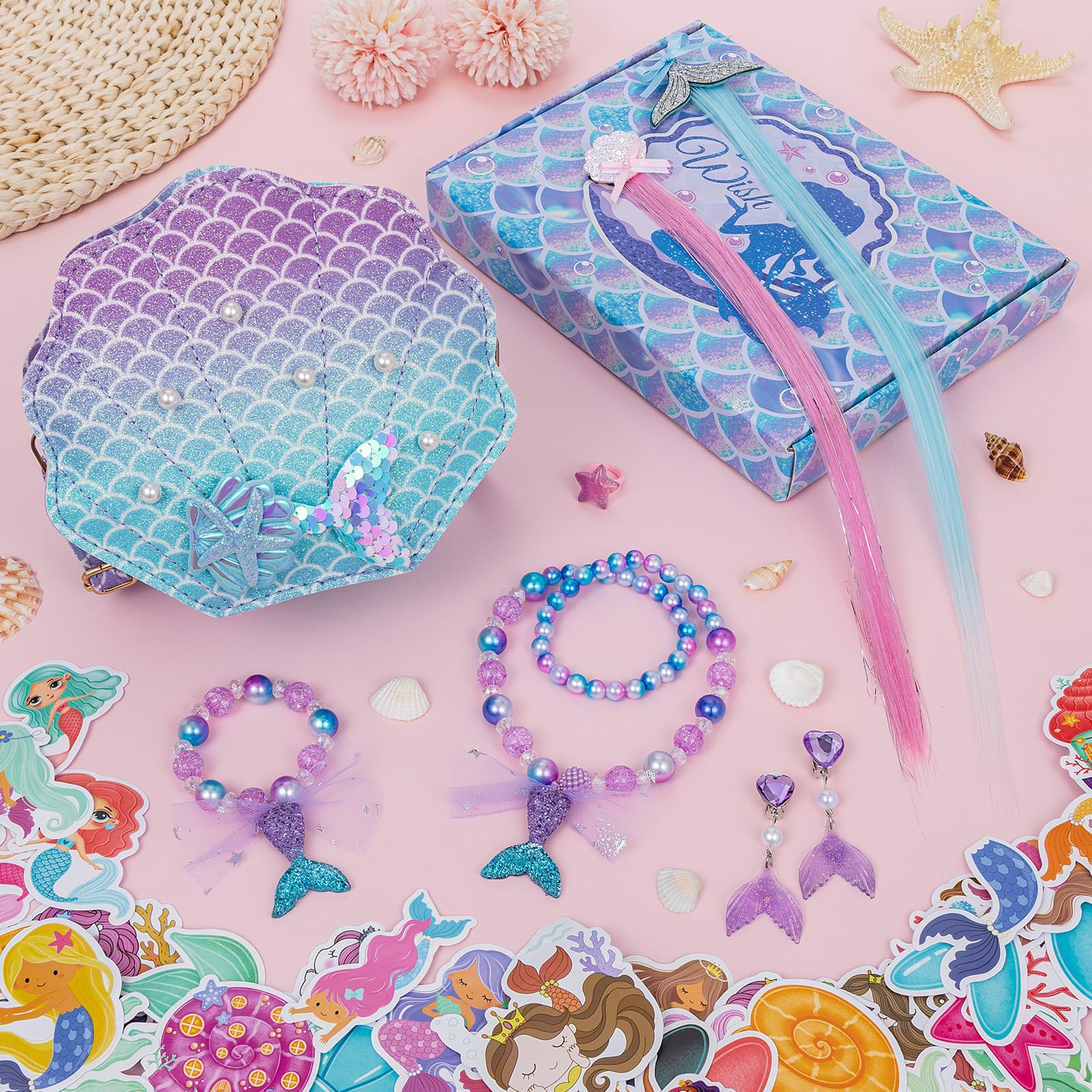 BTHRORO Mermaid Purse for Little Girls Toddler Crossbody Bags with Dress Up Jewelry Set Mermaid Necklace Bracelet Ring Shell Earrings Hair Clips Stickers Pretend Play Gifts Kids Accessories - Image 4
