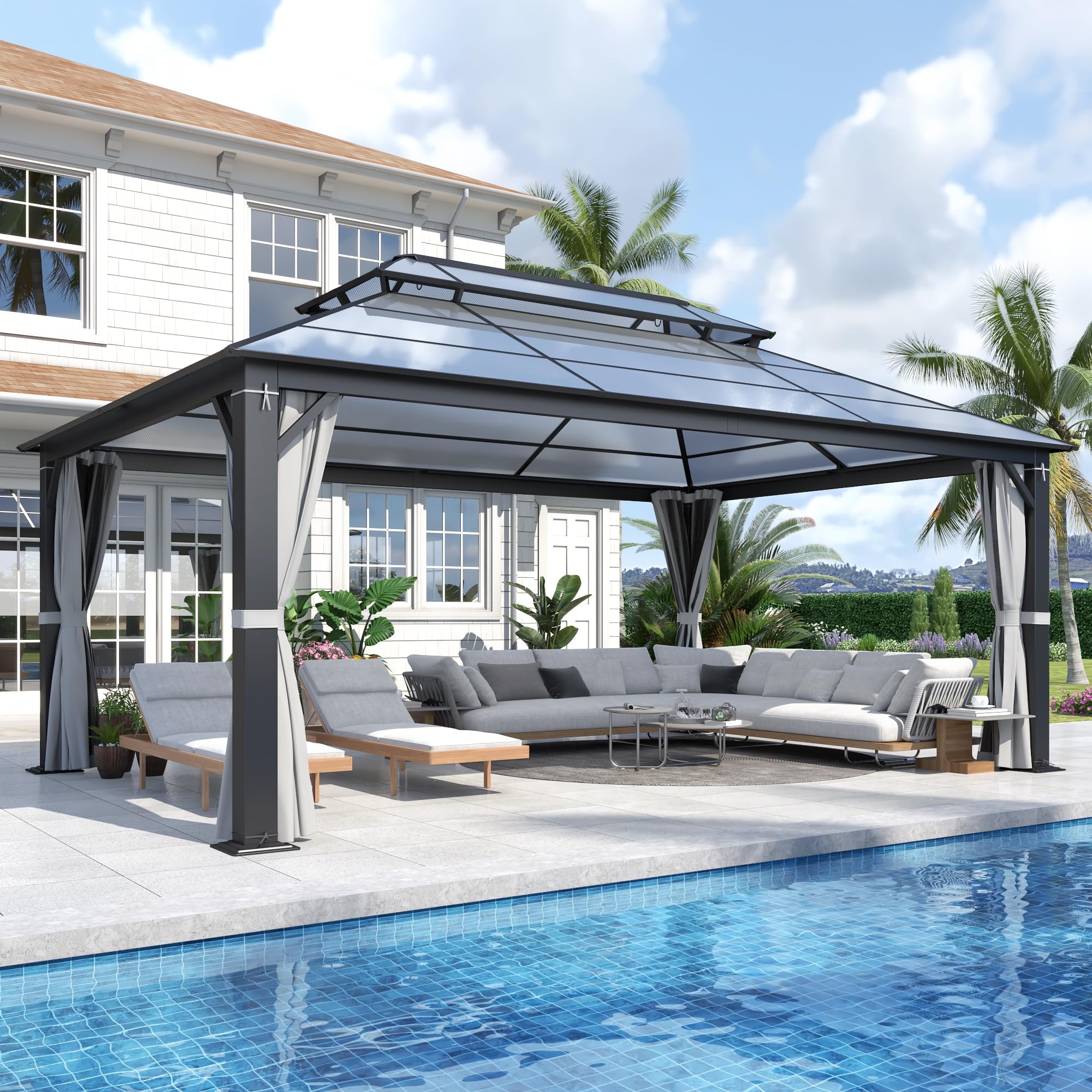 GARTOO 12x16FT Polycarbonate Hardtop Gazebo with Double Roof - Heavy-Duty Steel Frame Gazebo with Breathable Netting & Privacy Curtain for Patio,