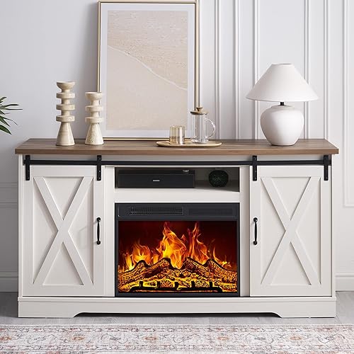 Miniatura 7 de AMERLIFE Soporte de TV con chimenea con puerta corrediza de granero para televisores de hasta 65 pulgadas, centro de entretenimiento con chimenea de