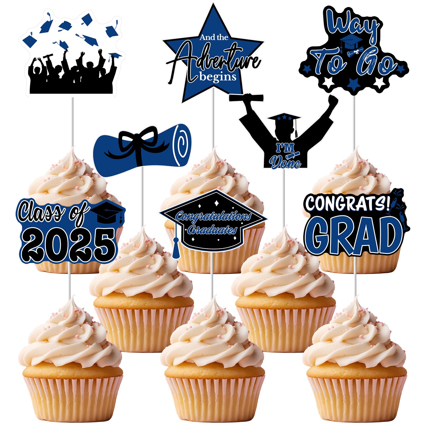 2025 Graduation Cupcake Toppers, 48 Pcs Class of 2025 Cupcake Toppers Congrats Grad Cupcake Picks for Dessert Food Pizza for Graduation Party Decorations (Blue Black)