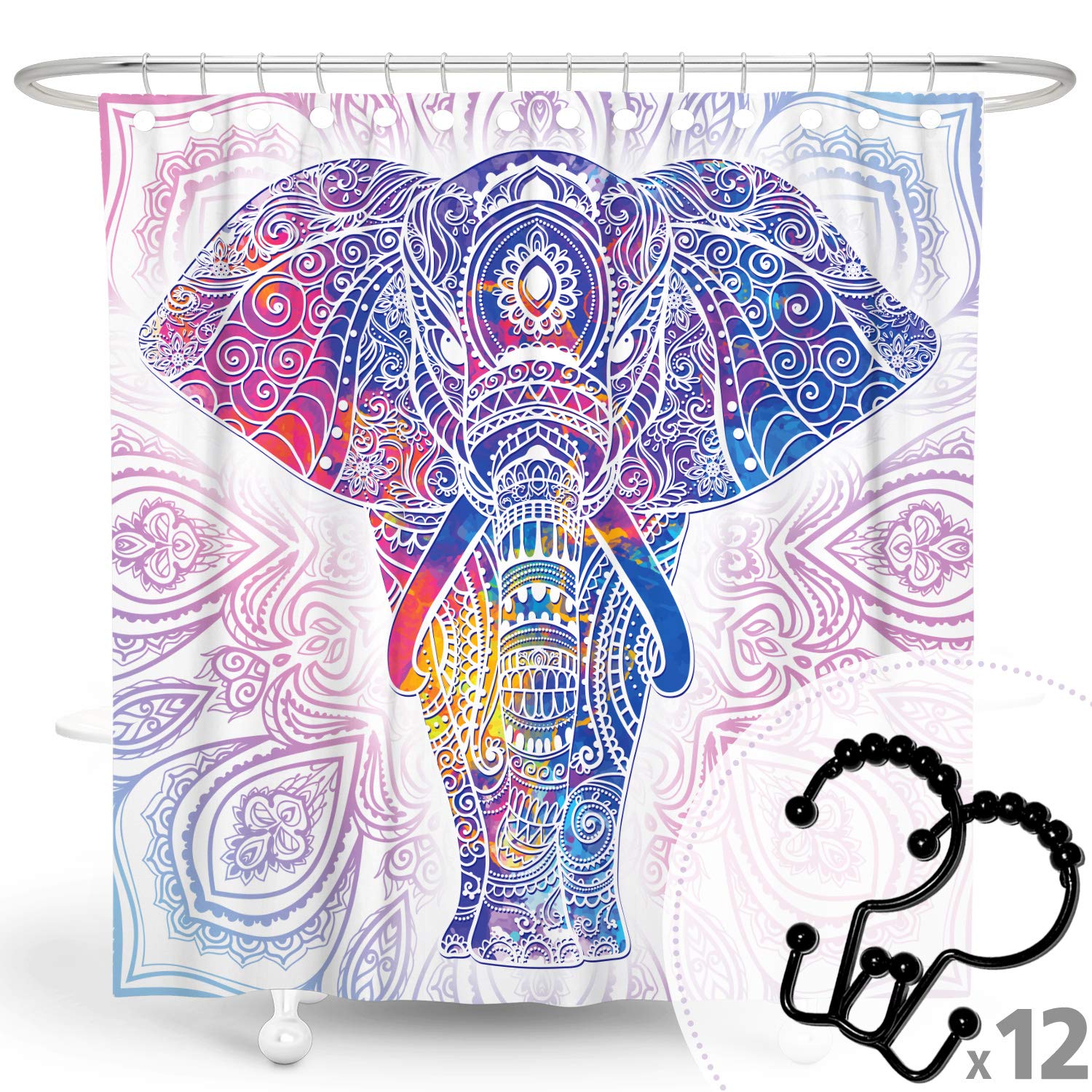 DESIHOM Elephant Shower Curtain Bohemian Shower Curtain Colorful Mandala Shower Curtain Purple Shower Curtain Polyester 72x72 Inch