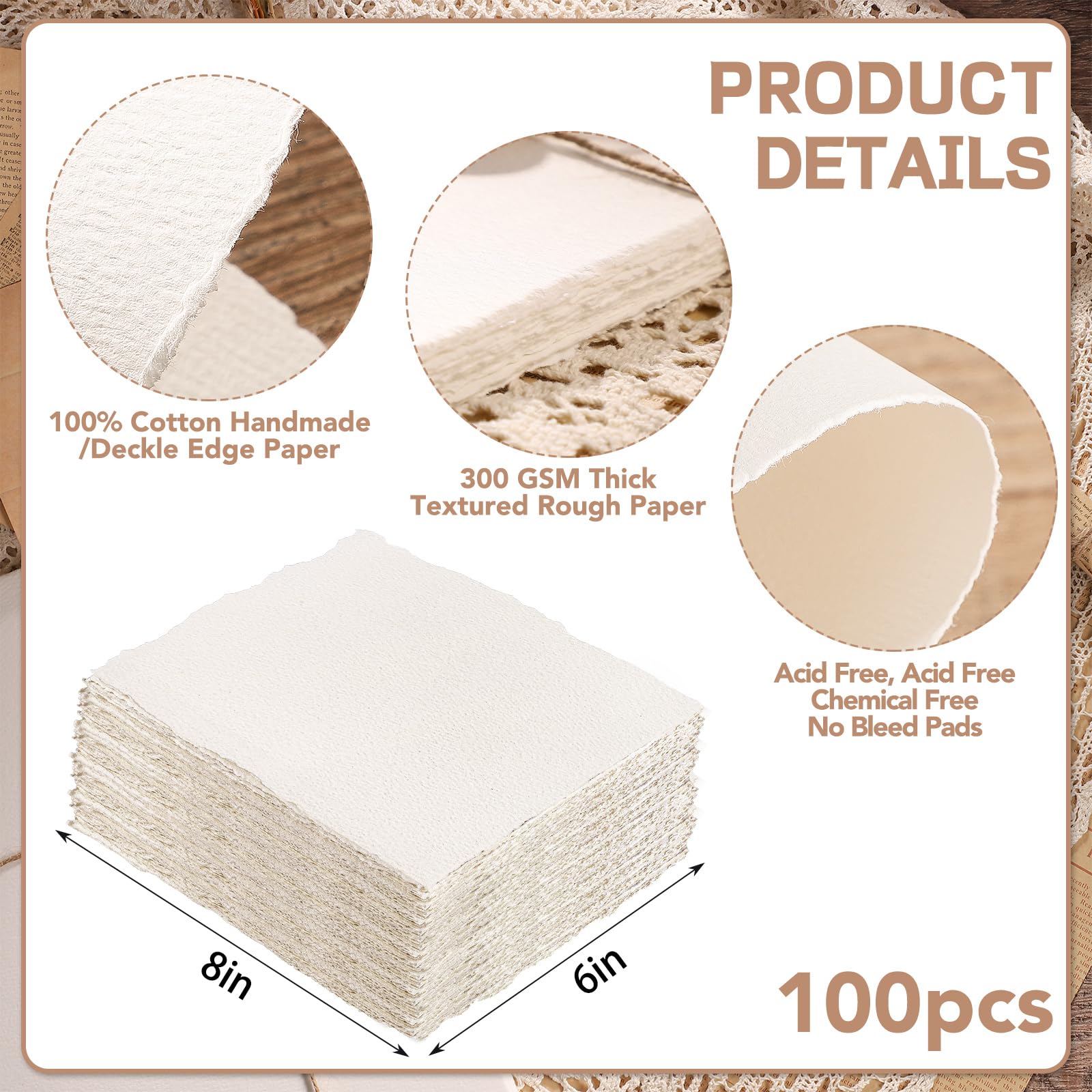 100 fogli di carta per acquerelli, 15,2 x 20,3 cm, 300 g/m², carta ruvida e ruvida fatta a mano per acquerelli, inviti di nozze, biglietti, artigianato