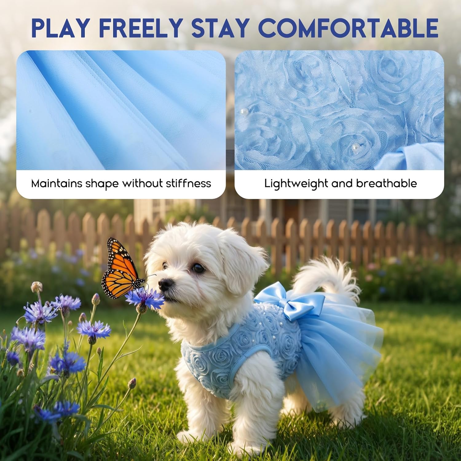 ASENKU Dog Dress Pet Wedding Dress Princess Lace Puppy Birthday Party Outfit Formal Apparel Girl for Small Medium Dogs Cats (Large, Blue)