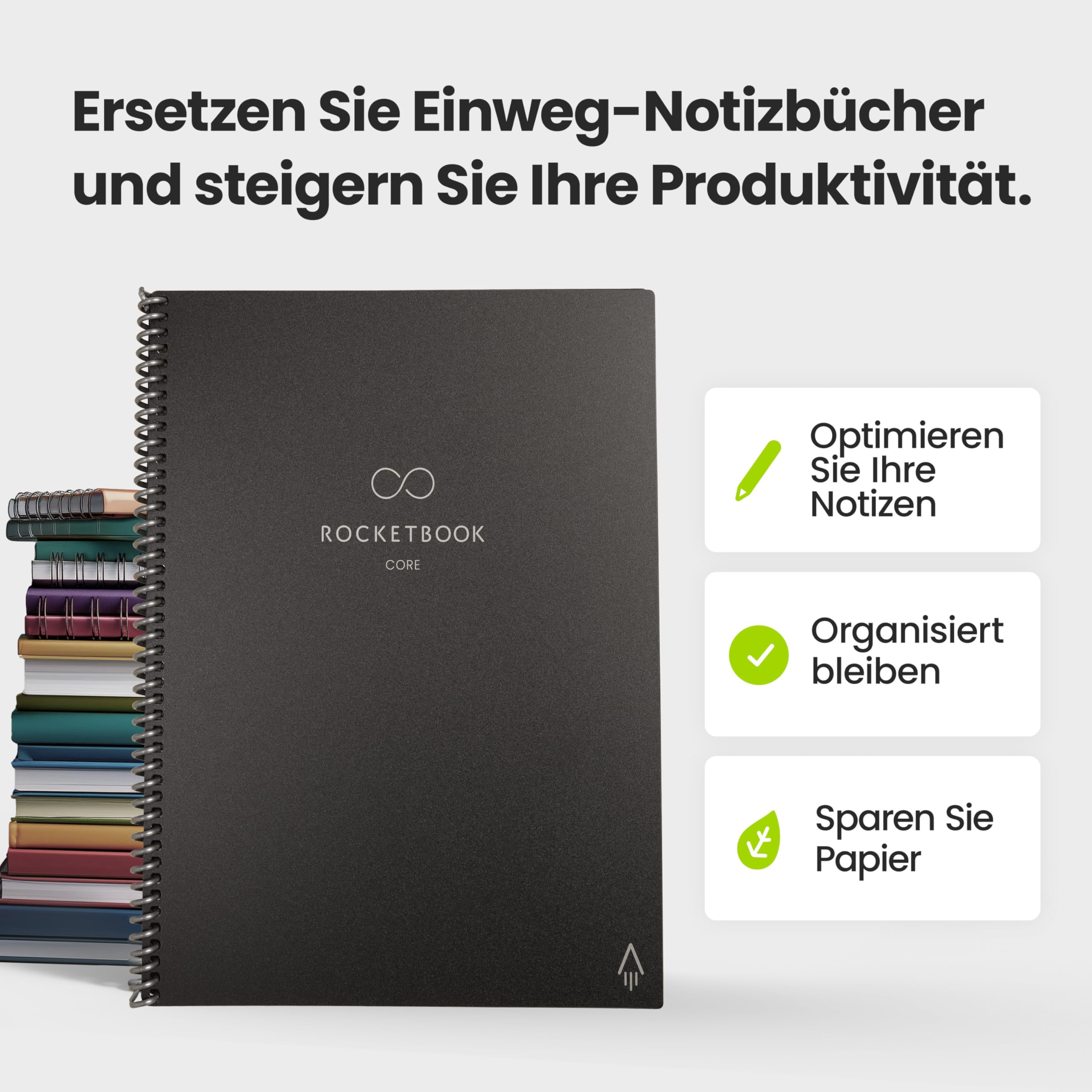 Rocketbook Core wiederverwendbares Spiral-Notizbuch, Format 15 cm x 22,4 cm, Schwarz – gepunktete Seiten, App-Konnektivität, löschbar, robuster Einband, ideal für Schule, Arbeit und kreative Projekte