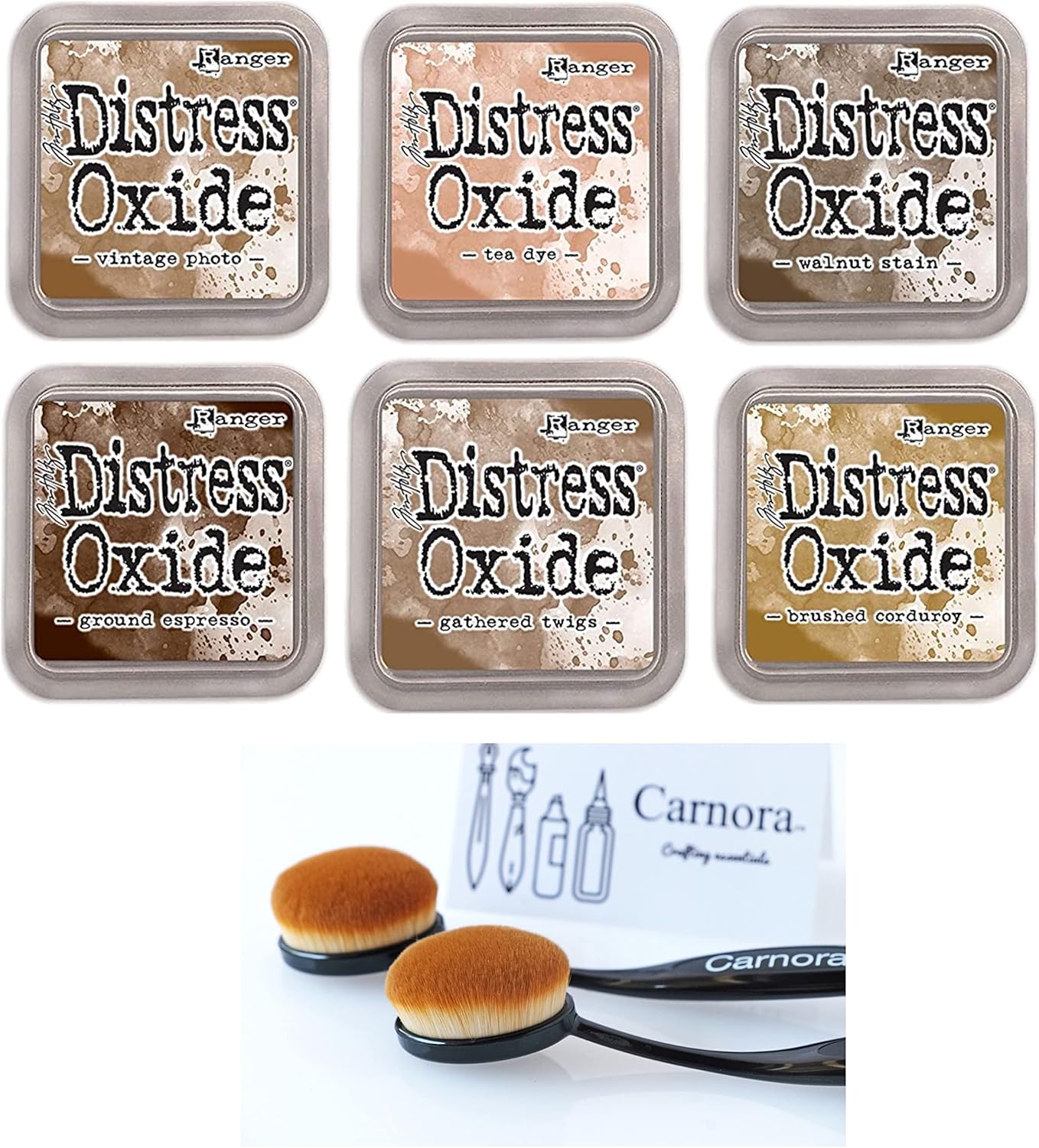 Tim Holtz Ranger Distress Oxide Ink, 6 Light and Dark Browns, Vintage Photo, Tea Dye, Walnut Stain, Ground Espresso, Gathered Twigs, Brushed Corduroy, Plus 2 Carnora Ink Blending Brushes, 8 Items