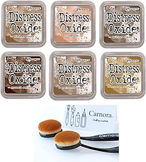Tim Holtz Ranger Distress Oxide Ink, 6 Light and Dark Browns, Vintage Photo, Tea Dye, Walnut Stain, Ground Espresso, Gathered Twigs, Brushed Corduroy, Plus 2 Carnora Ink Blending Brushes, 8 Items