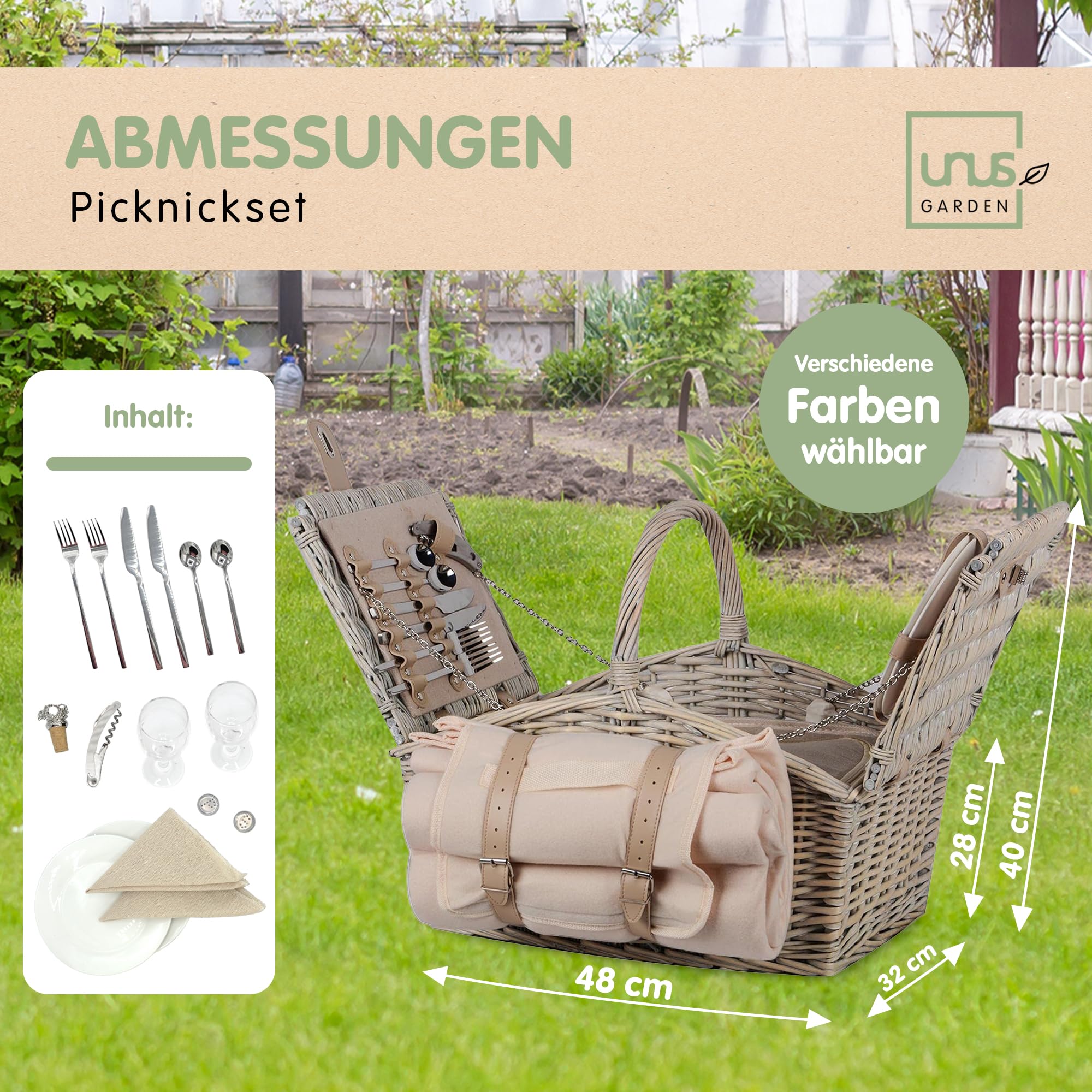 Set da picnic per 2 persone con cestino termico, coperta 135x115 cm, posate e stoviglie, grigio e beige