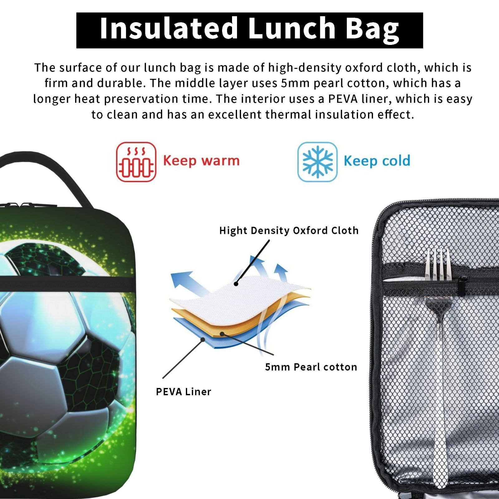 VOOHDDY Isolierte Lunchtasche – Fußball-Design, Wasserdicht, Wiederverwendbar, Für Büro, Picknick & Reisen
