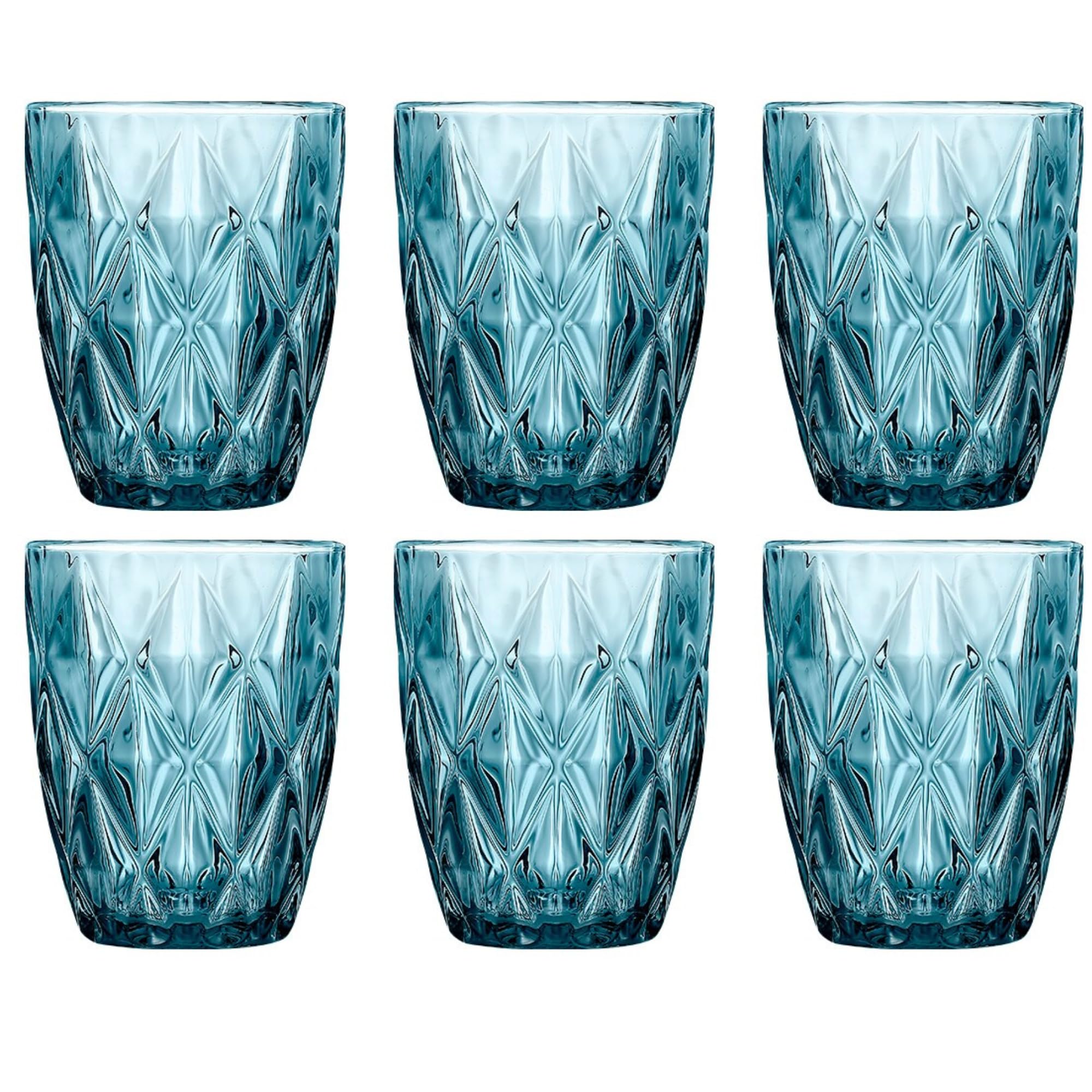 Pack 6 Vasos de Cristal Azul 300 ml – Vasos para Agua y Refrescos Diseño Diamante, Cristal Resistente – Aptos Lavavajillas, No Pierden Brillo – Vasos Apilables Elegantes para Mesa, Cocina y Cócteles