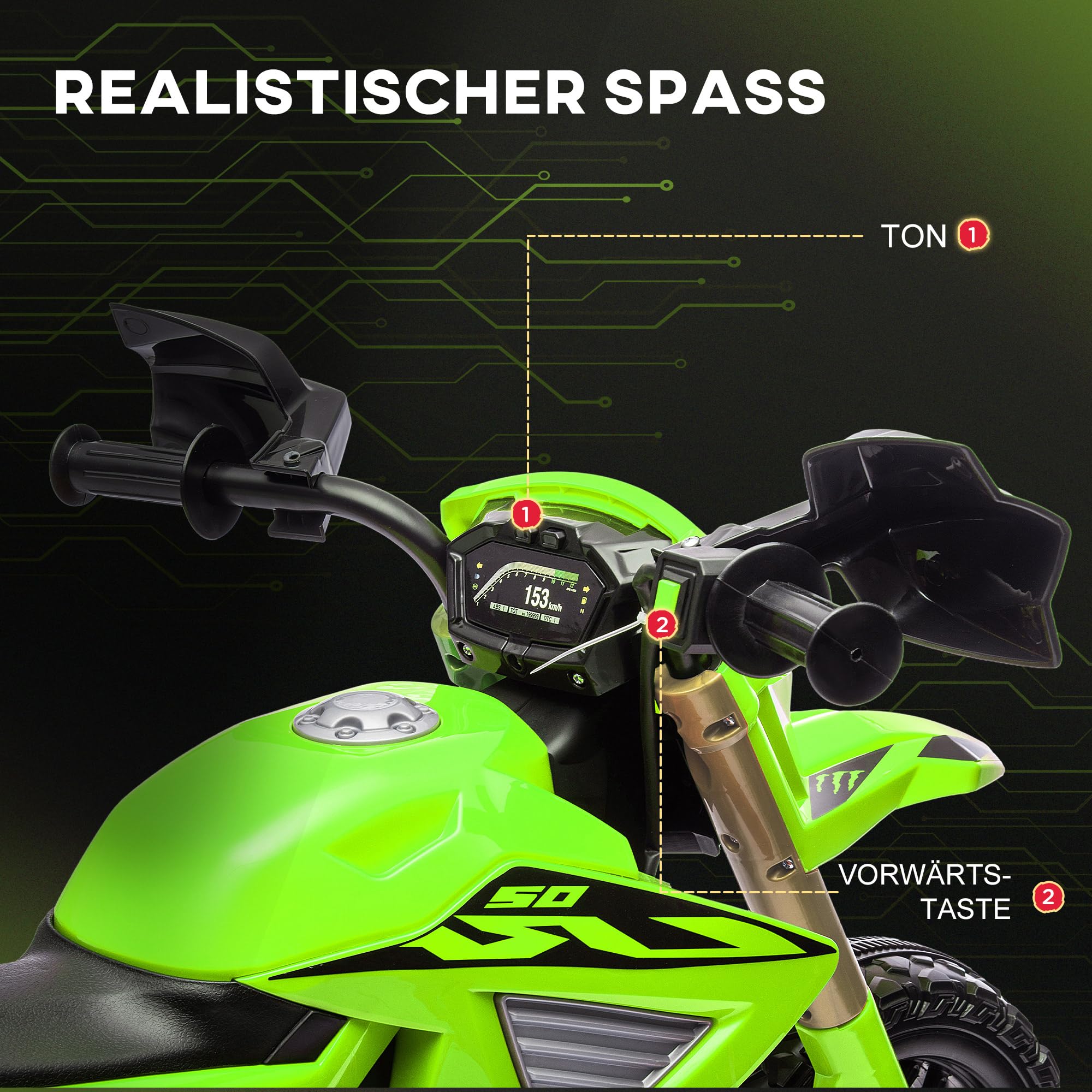 AIYAPLAY Elektro Kindermotorrad mit Hupe 3 km/h für Kinder 3-8 Jahre Grün | Elektromotorrad, Kinder Elektro Motorrad, mit 2 Stützrädern
