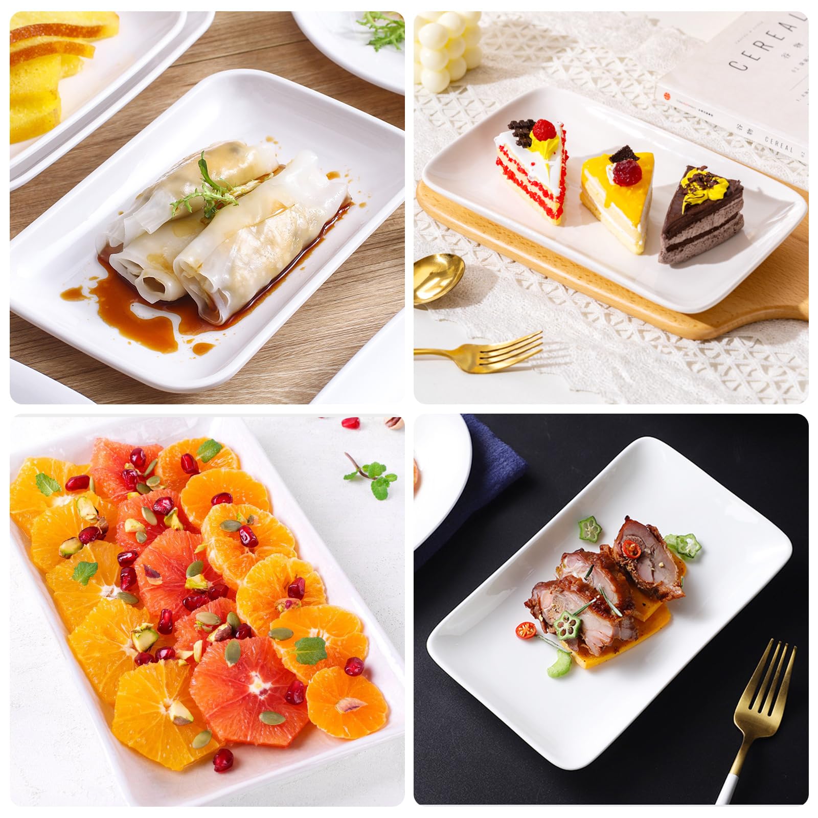 Juego de 6 Platos Rectangulares, 13.5 * 22.5cm Platos de Vajillas, Platos de Porcela para Buffets, Postres, Pasteles, Aperitivos y Entradas, Blanco
