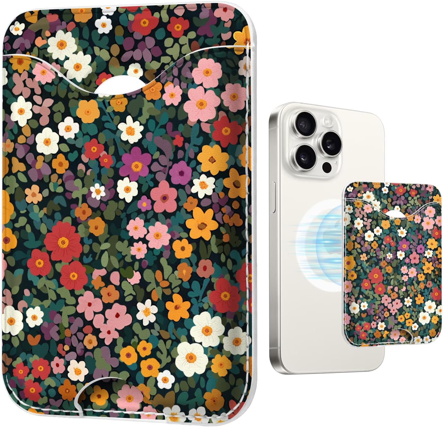 Floral Magnetic Wallet for Magsafe Compatible with iPhone 17/16/15/14/13/12 Series Pro Max Plus Air Flowers Phone Magnet Card Holder for Women Lether Mag Safe Wallets Deep