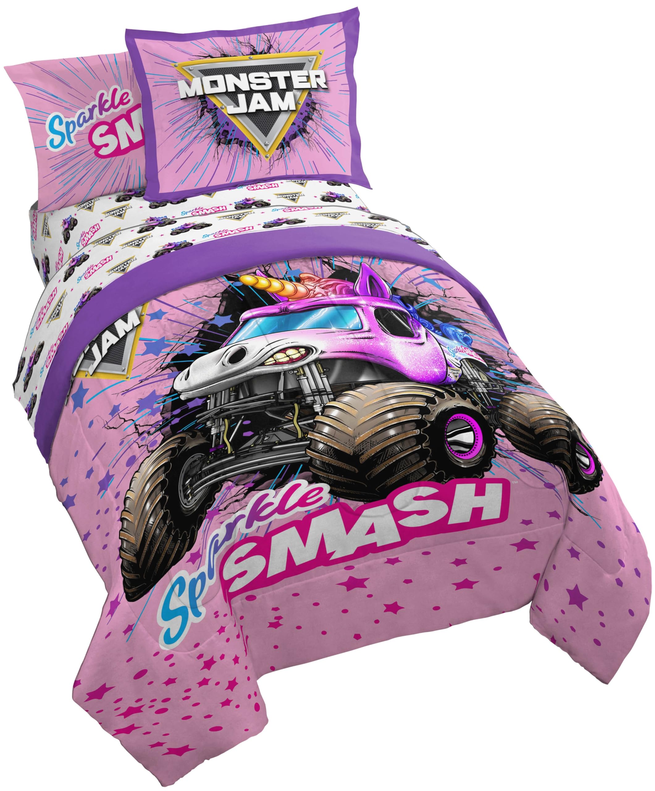 Jay Franco Kids Comforter Set Includes Sheets and Pillow Covers - Soft and Cozy Bed Set for Stylish Room Decor, Pink - Monster Jam, 5 Piece Twin Bedding