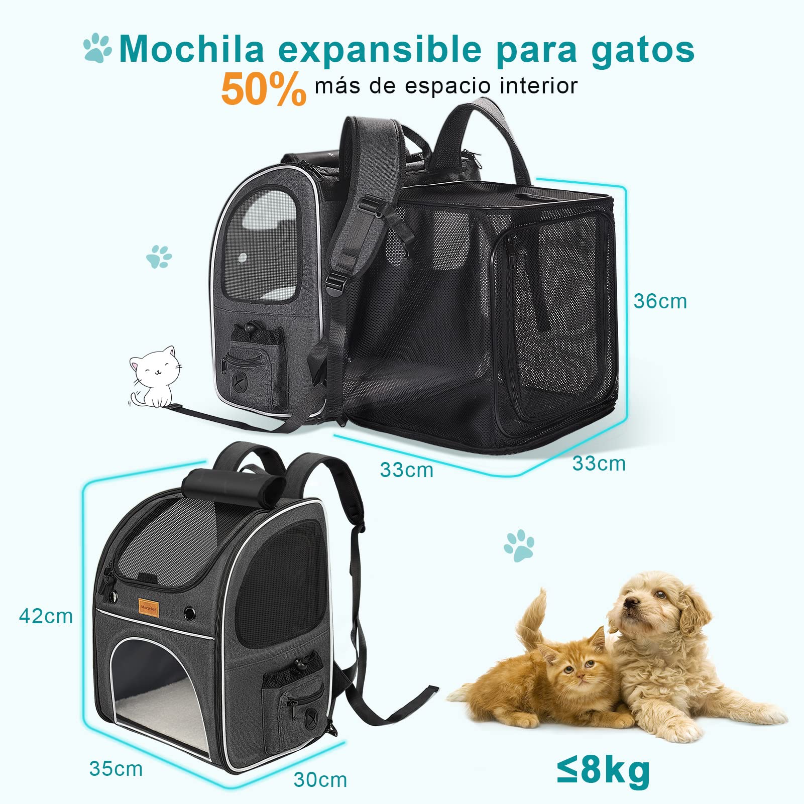 Morpilot Zaino per Gatti Cani Estensibile, Trasportino per Cani Gatti 8 kg, Portatile Zaino Cane Gatto per i viaggi in treno all'aperto
